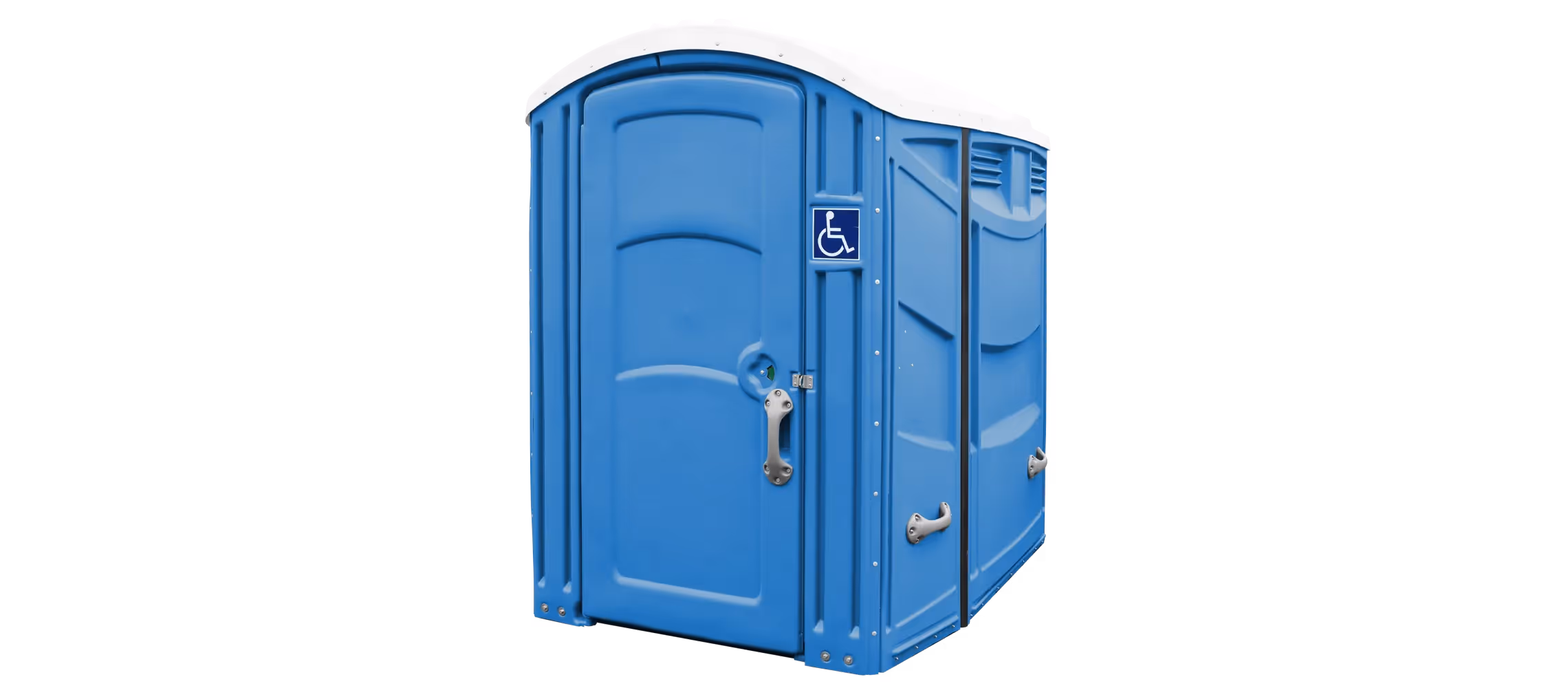 Blue portable restroom with a white roof and a handicap-accessible sign.
