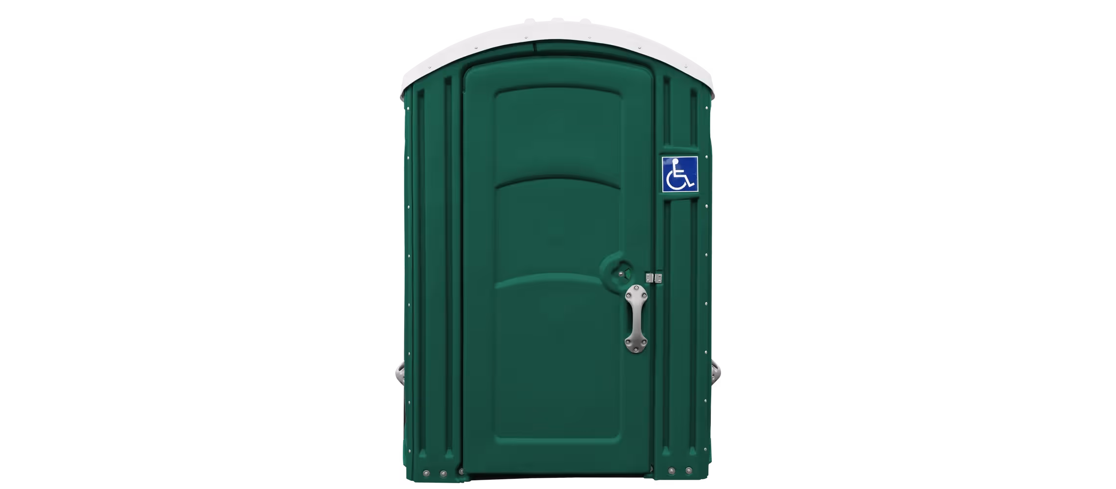 Green portable toilet with a white roof and wheelchair access symbol on the door.