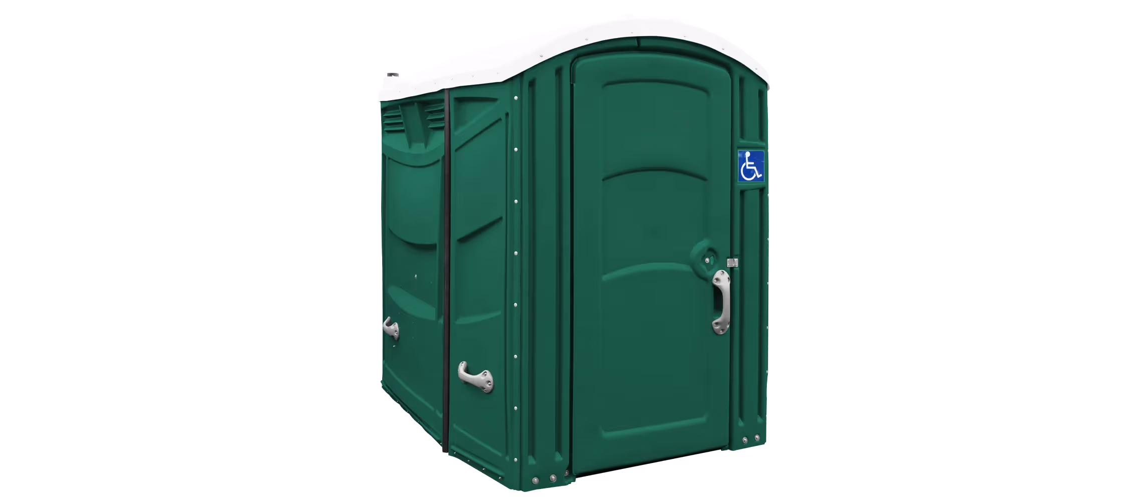 Green portable restroom with a white roof and a handicap accessibility sign.