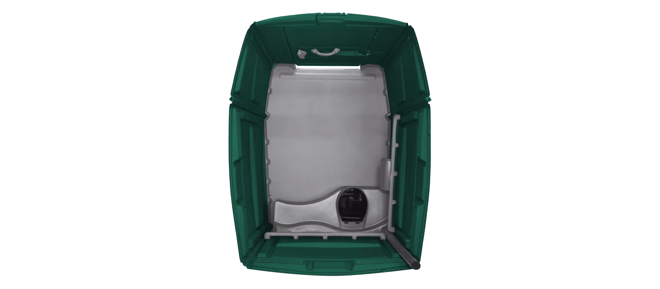 Top view of a green storage container with a gray interior and a black pump at the bottom.