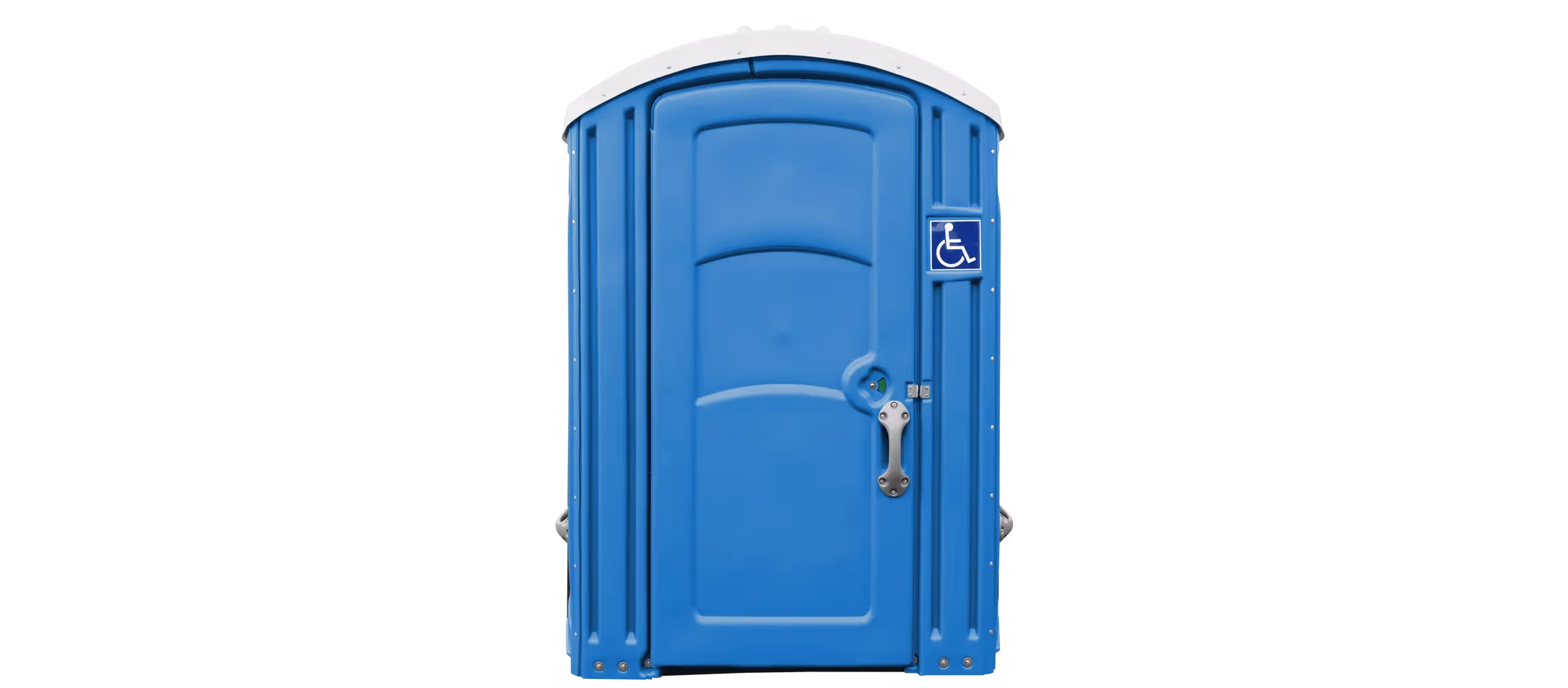 Bright blue portable restroom with a handicapped accessibility sign on the door.