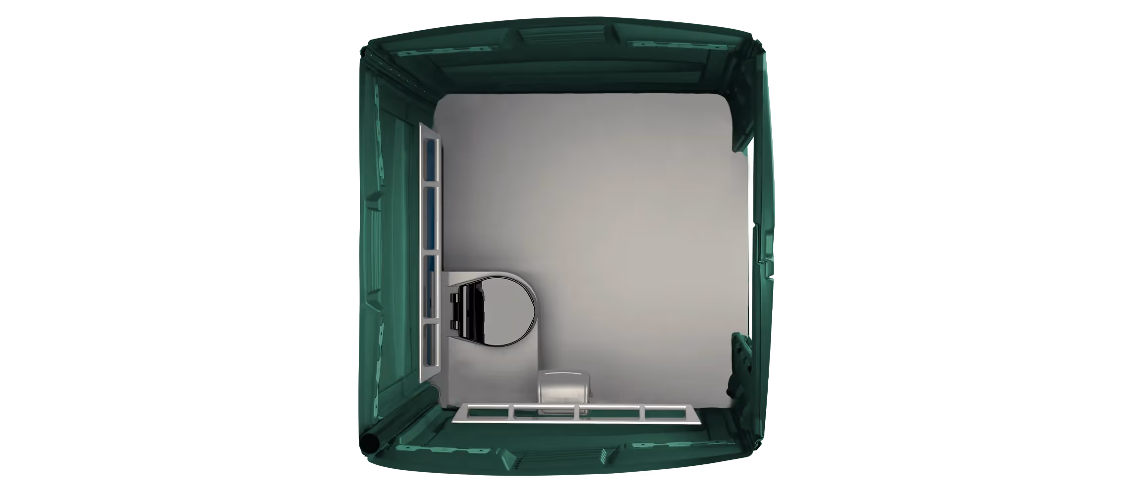 Top view of a portable restroom unit in Liberty Forest Green with a toilet and handwashing station.
