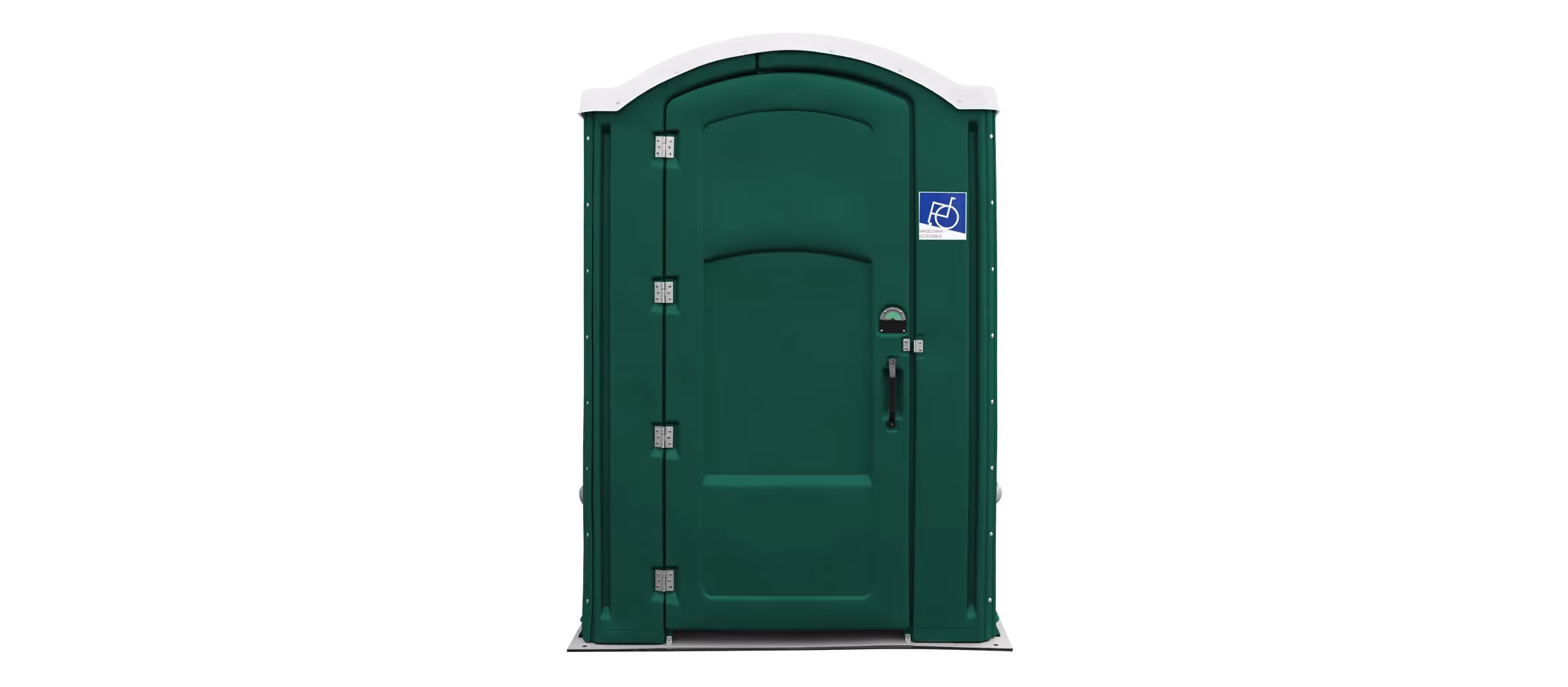 Green portable restroom with a wheelchair accessibility symbol on the door.