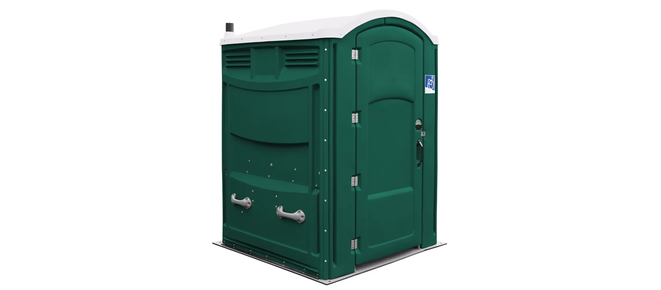 Portable restroom facility in forest green with accessible features and secure door lock.