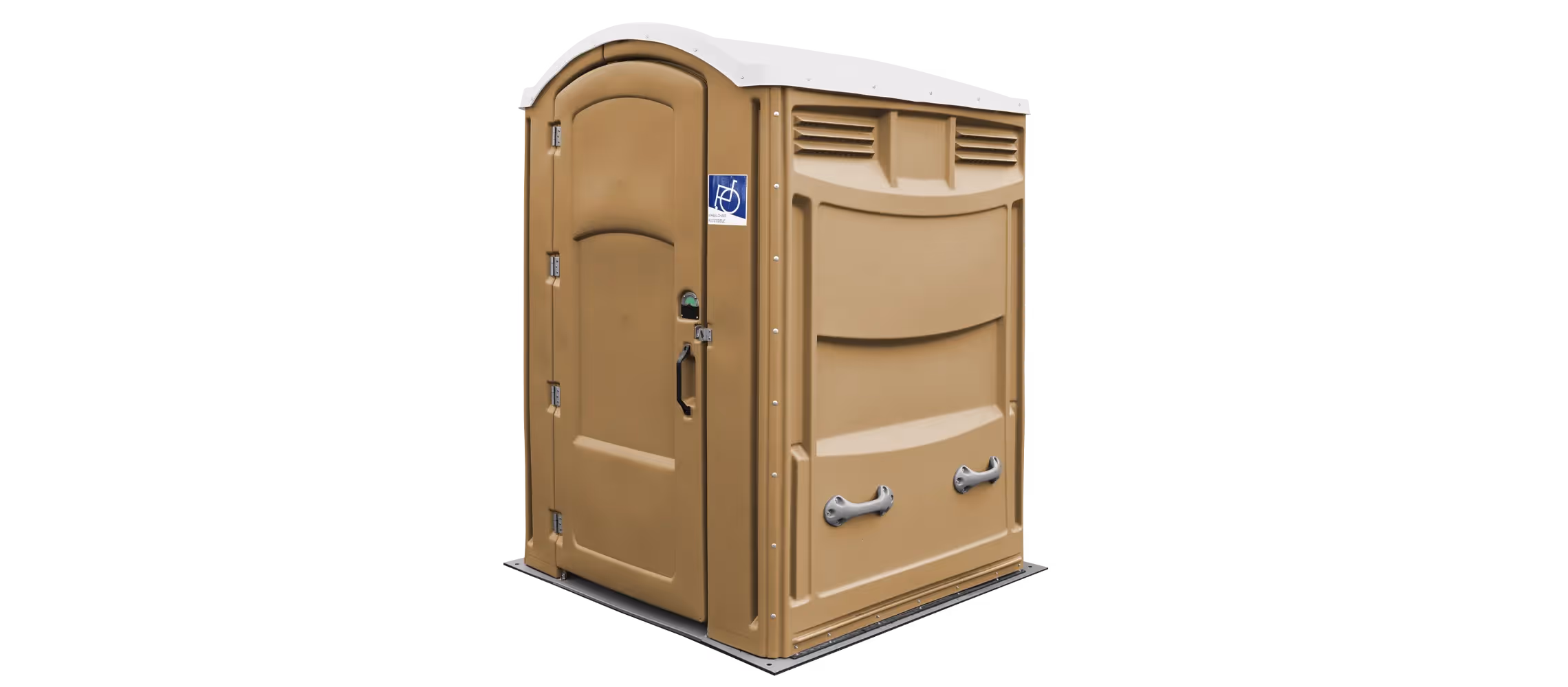 Portable toilet with a beige exterior and accessible symbol on the door.