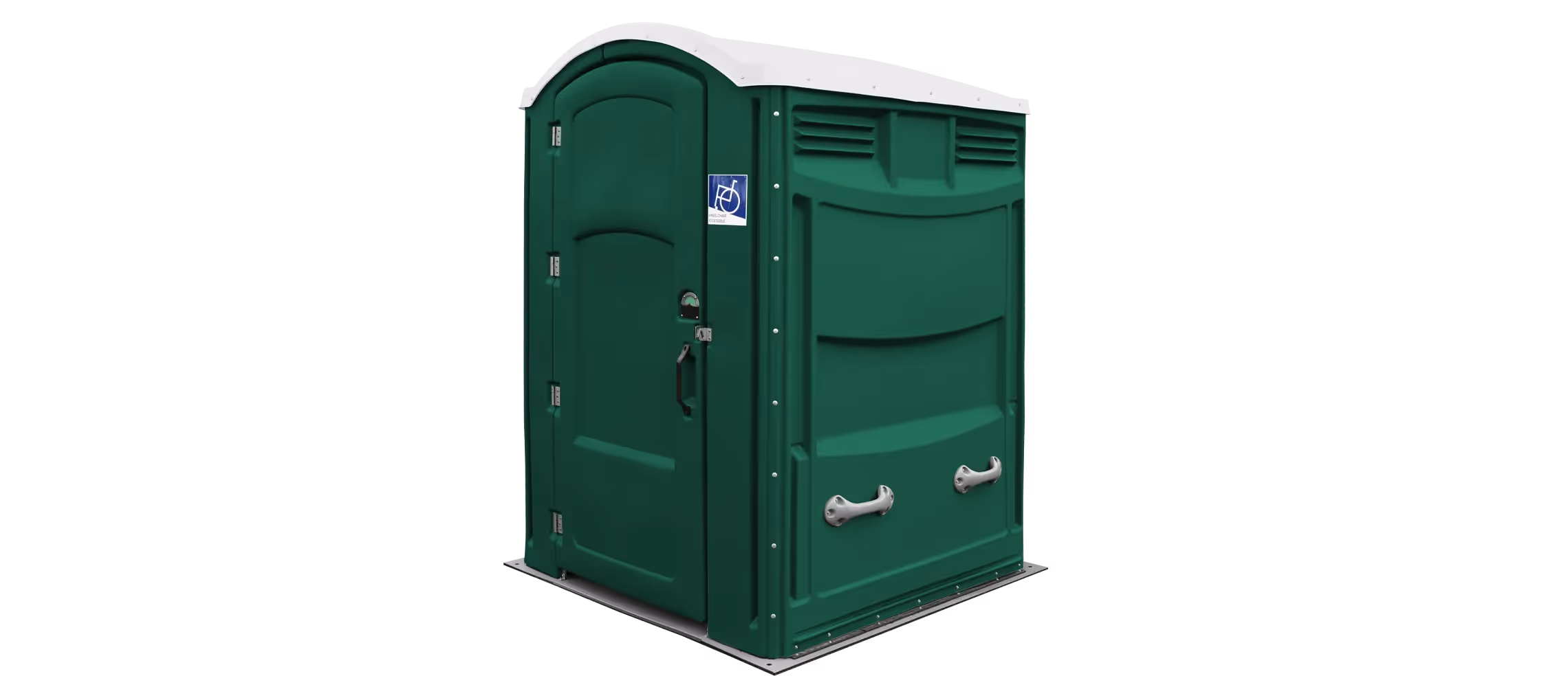 Green portable restroom with a peaked roof and accessibility features.