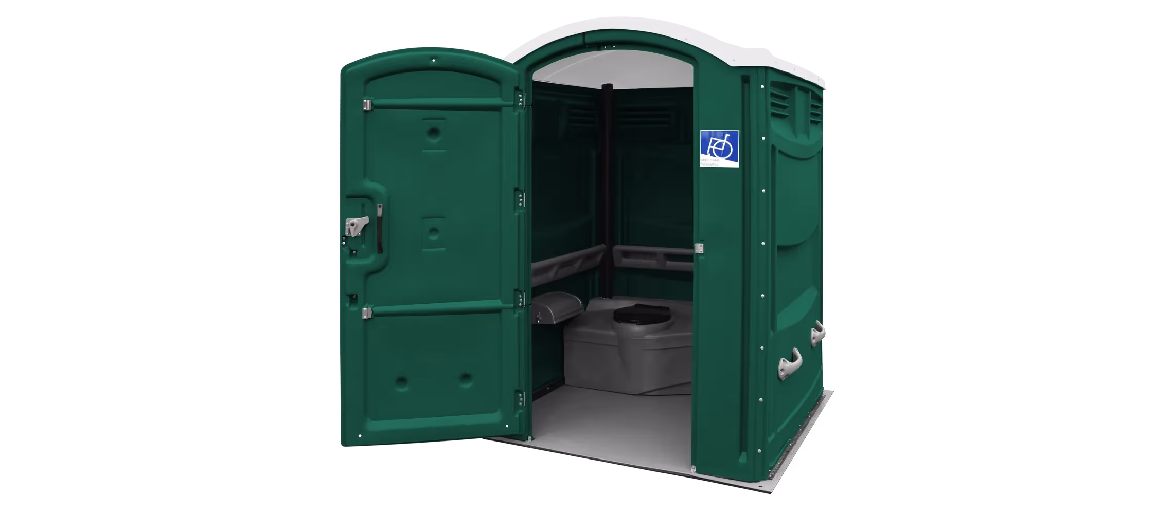 A green portable restroom with an open door, featuring a toilet and grab bars inside.