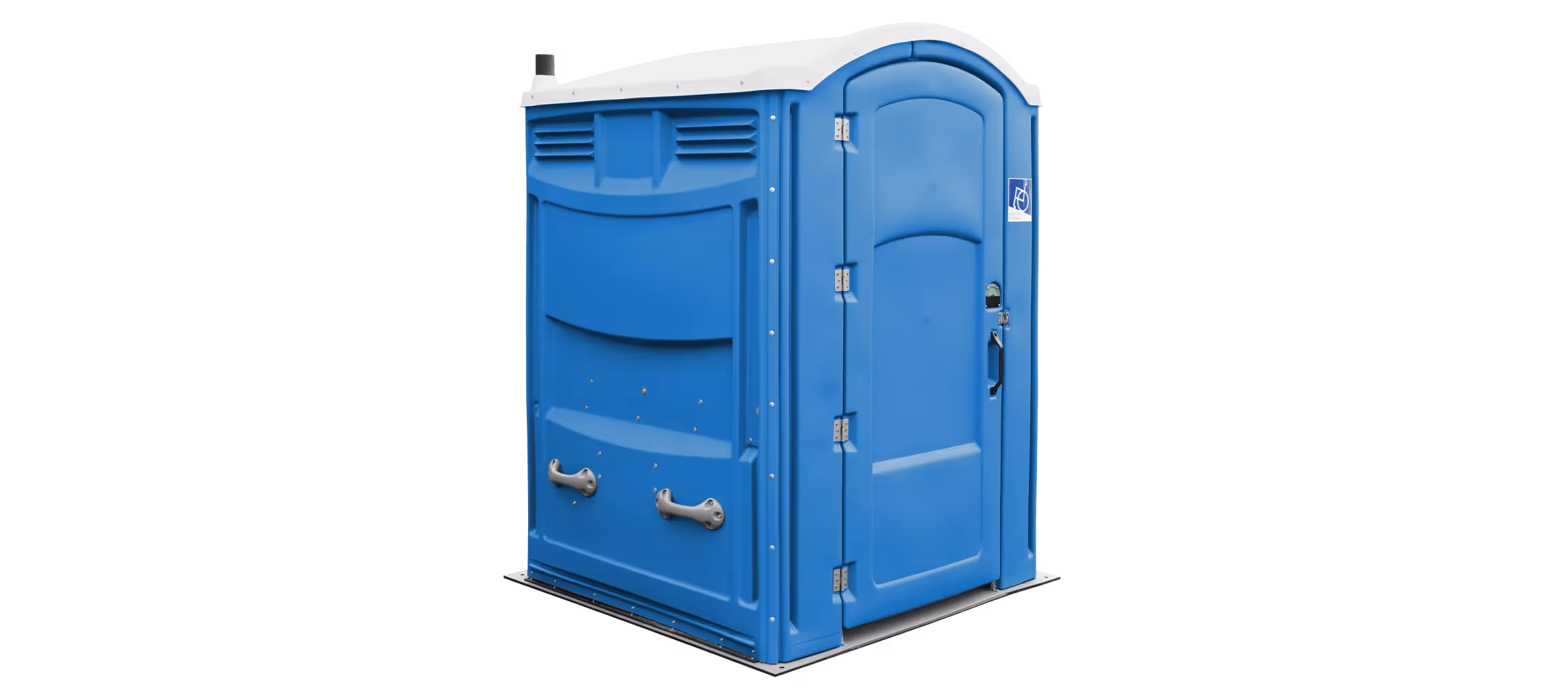 Portable restroom in royal blue color with a white roof and a locking door.