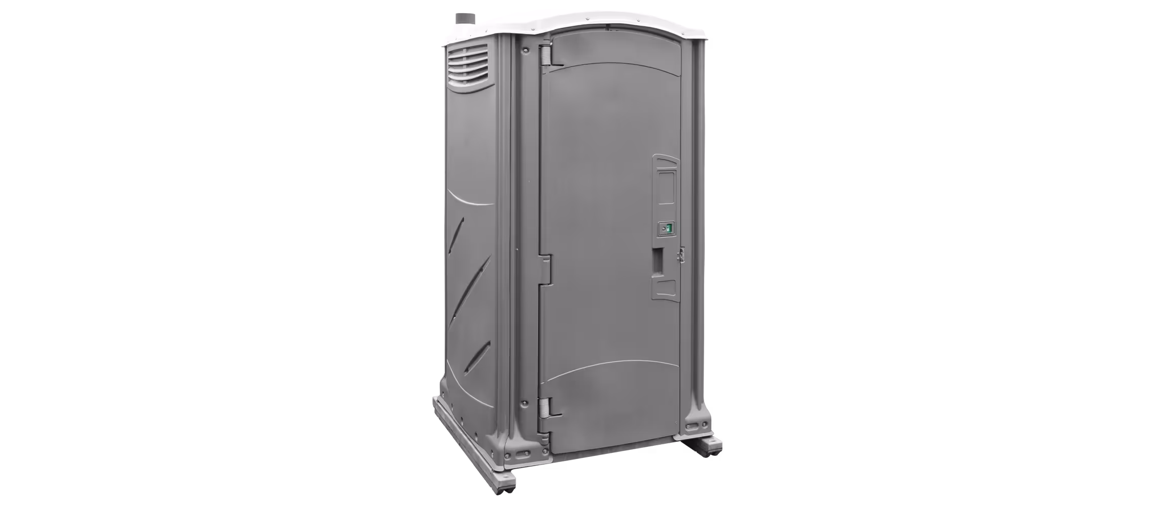 Porta potty in dark gray with a single door and ventilation at the top.