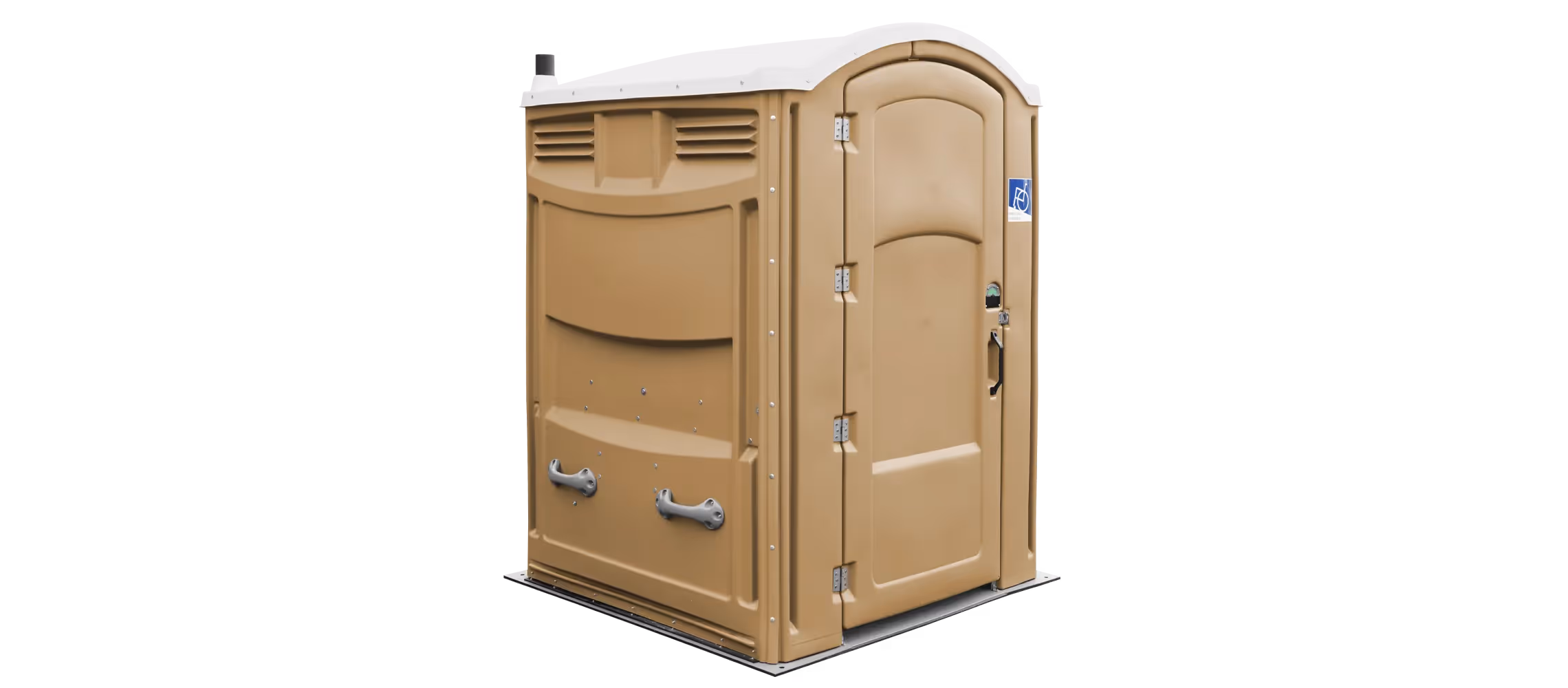 A tan portable restroom with a slanted roof and a lockable door.