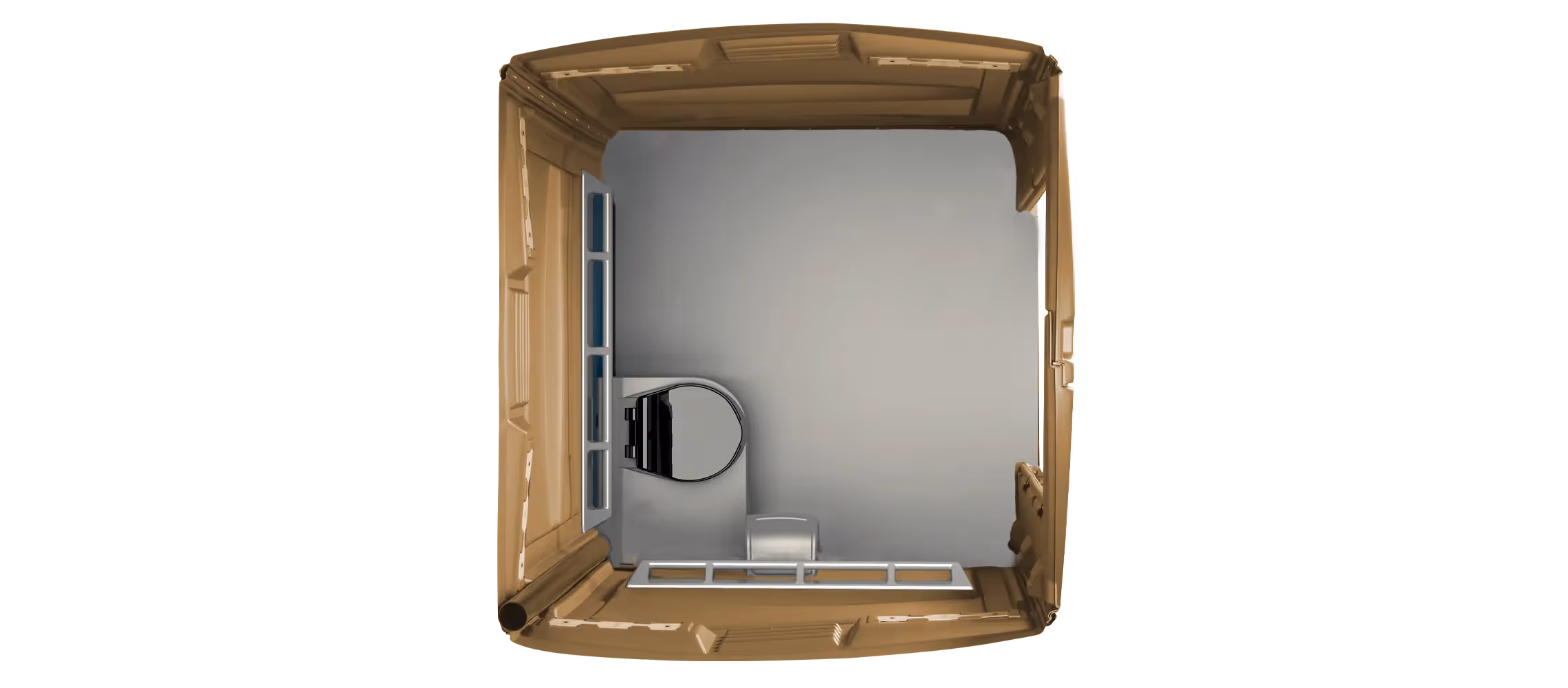 Top view of a small bathroom with a toilet, sink, and wooden walls.