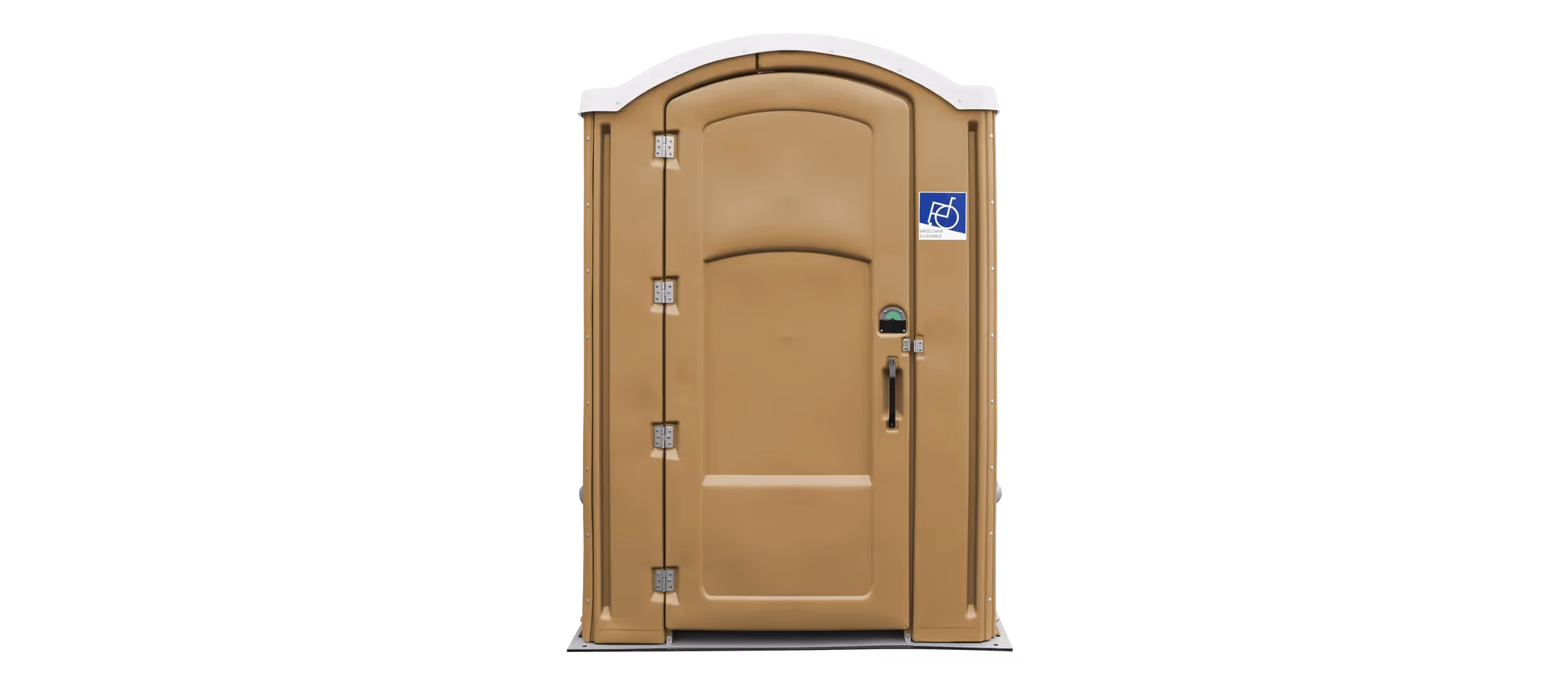 Portable restroom with a tan exterior and a wheelchair access symbol on the door.