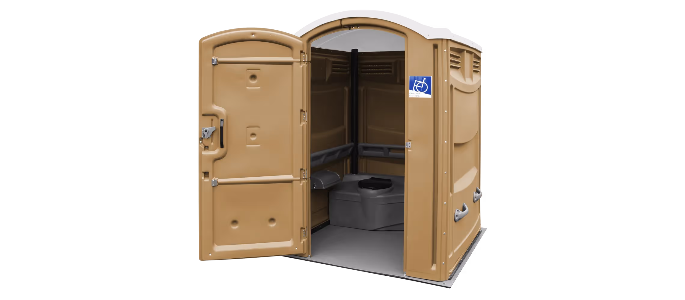 A beige portable toilet with an open door, featuring a grab bar and interior seat.