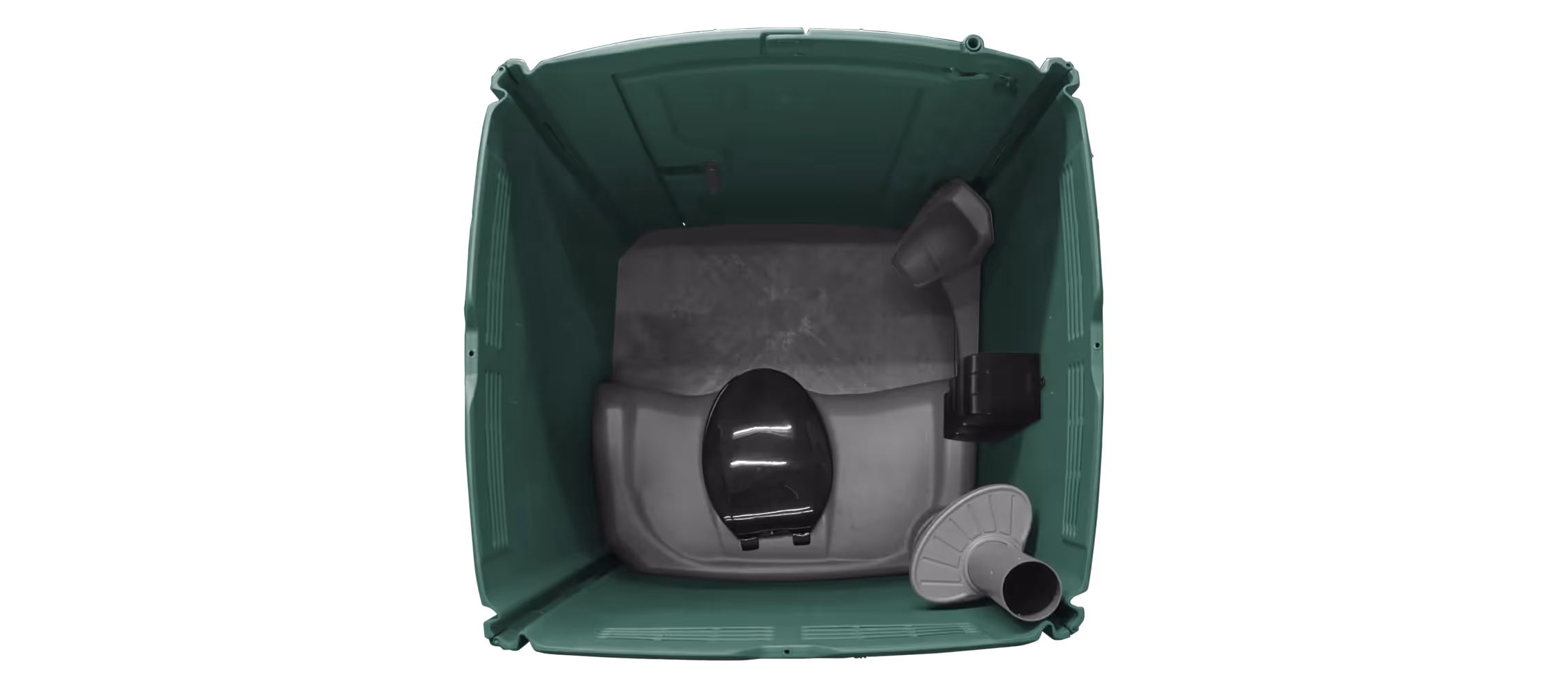 Top view of a forest green portable toilet interior with a black seat and ventilation pipe.