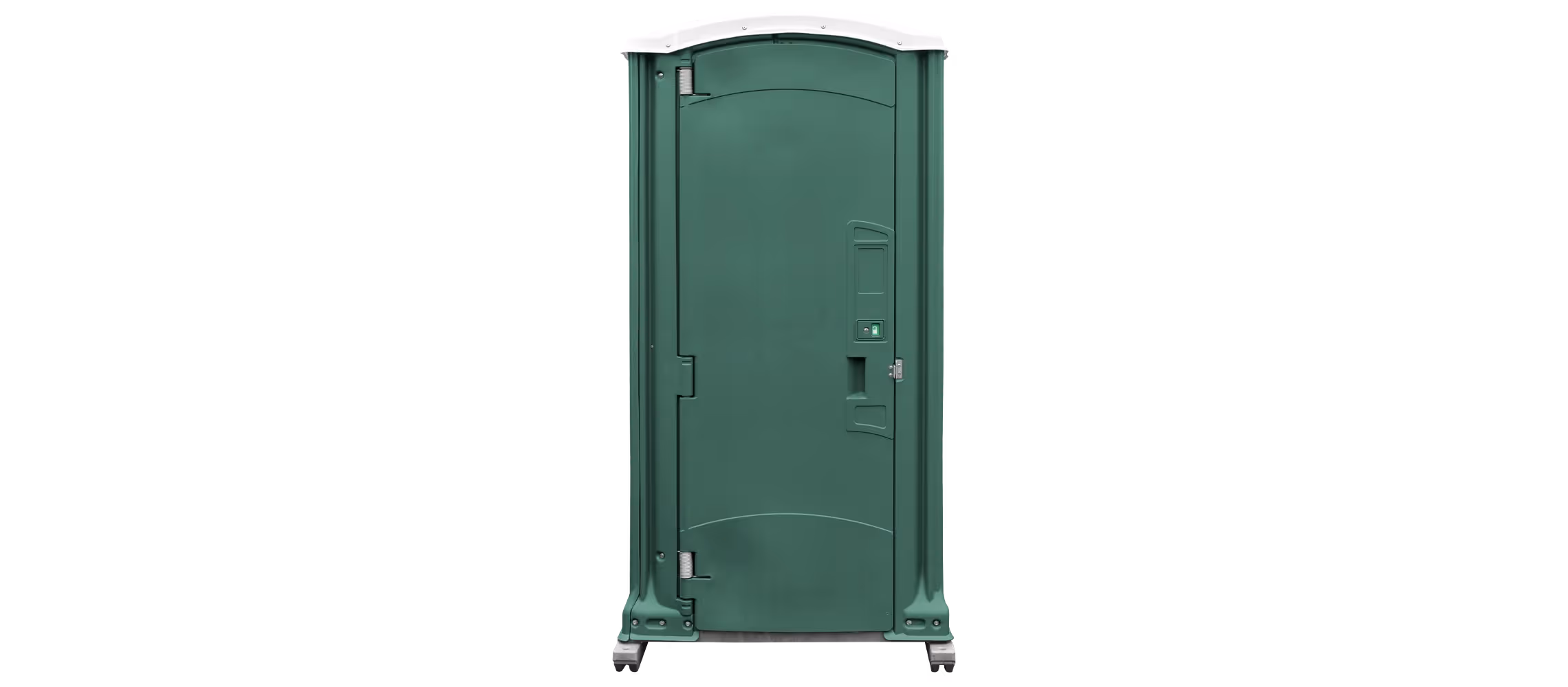 Green portable toilet with a curved top and door latch, set against a black background.