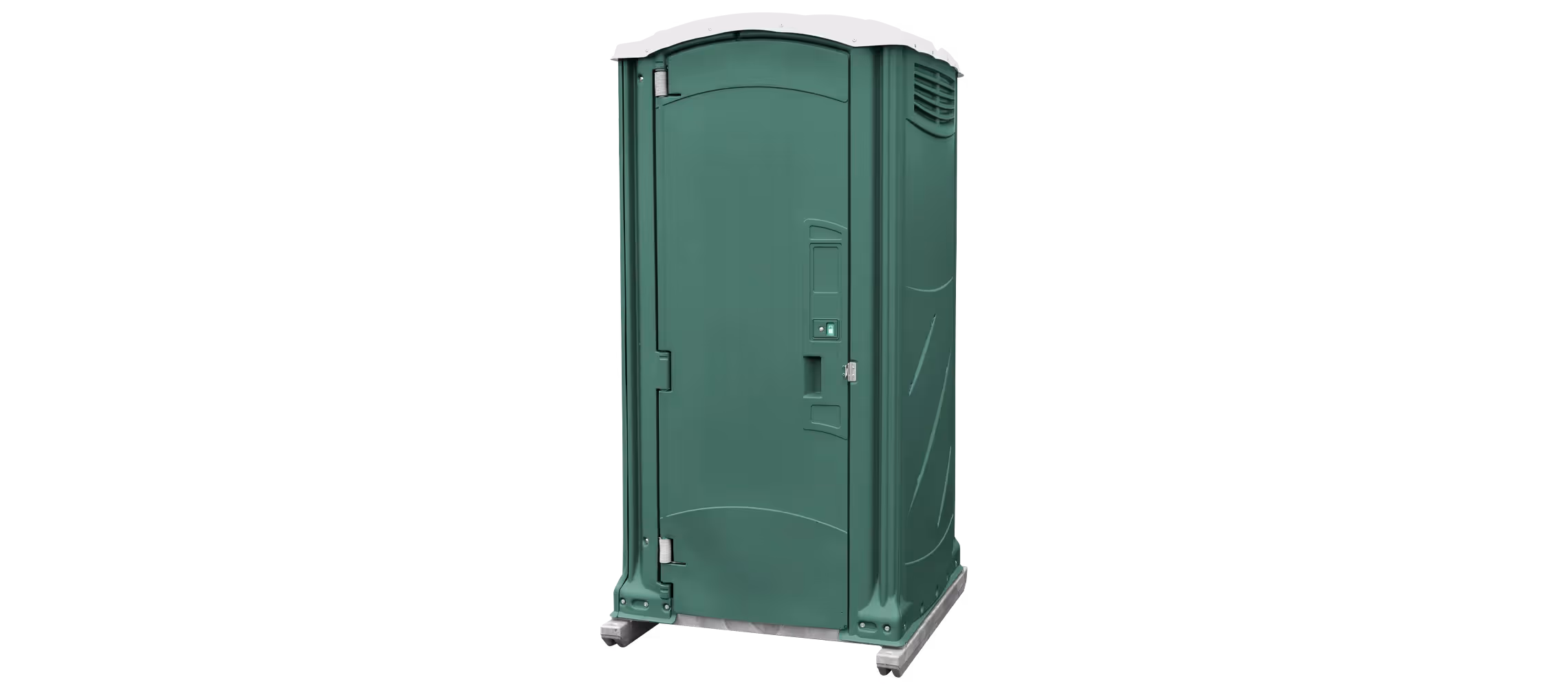 Portable toilet in forest green, featuring a door and ventilation at the top.