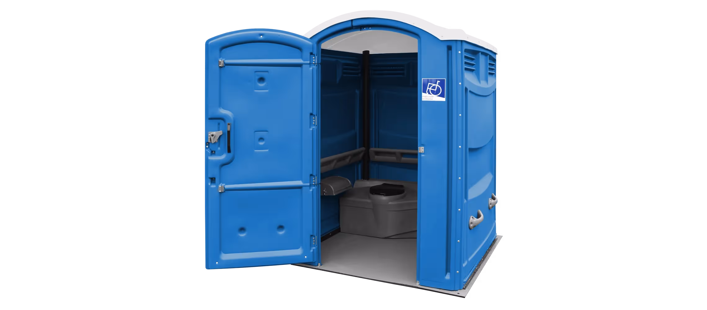 A blue portable restroom with an open door, featuring a toilet and grab bars inside.