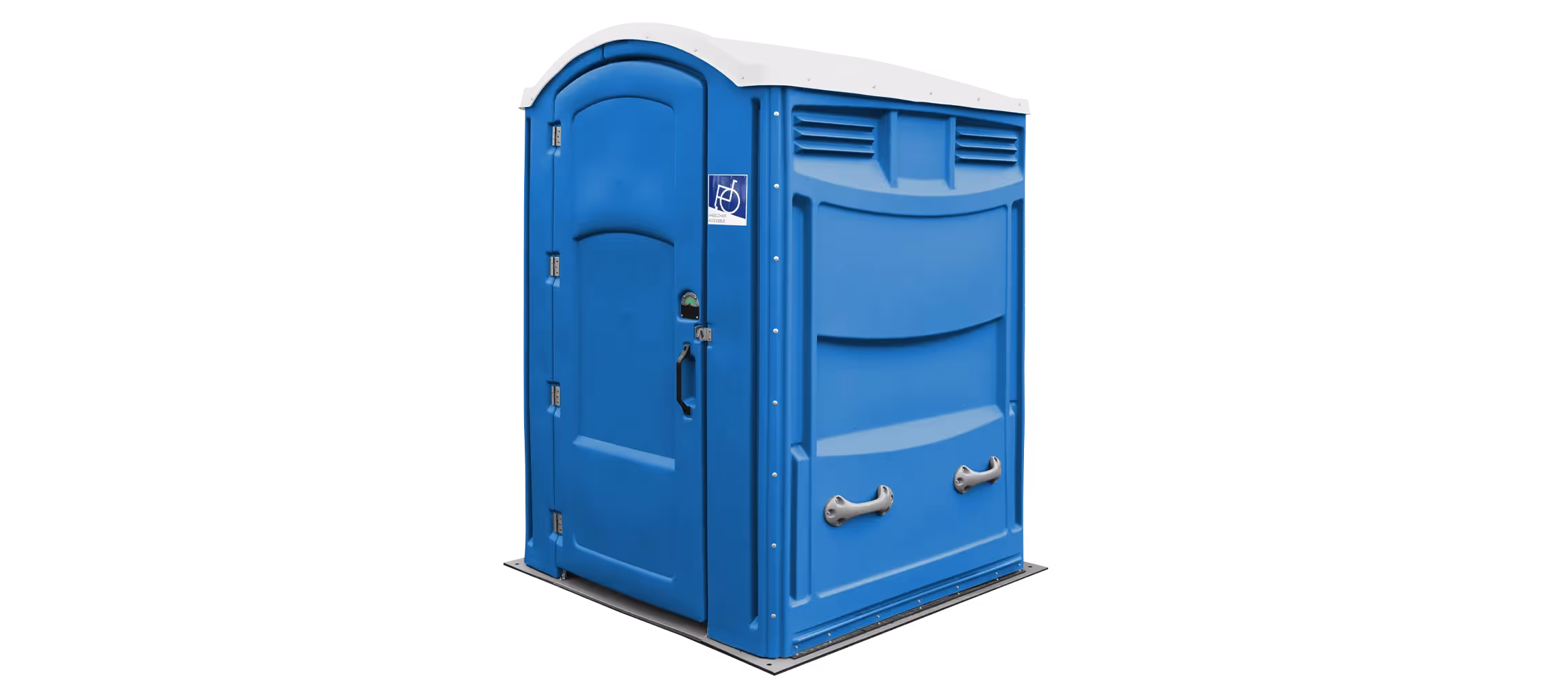 Portable toilet in royal blue with a curved roof and accessibility features.