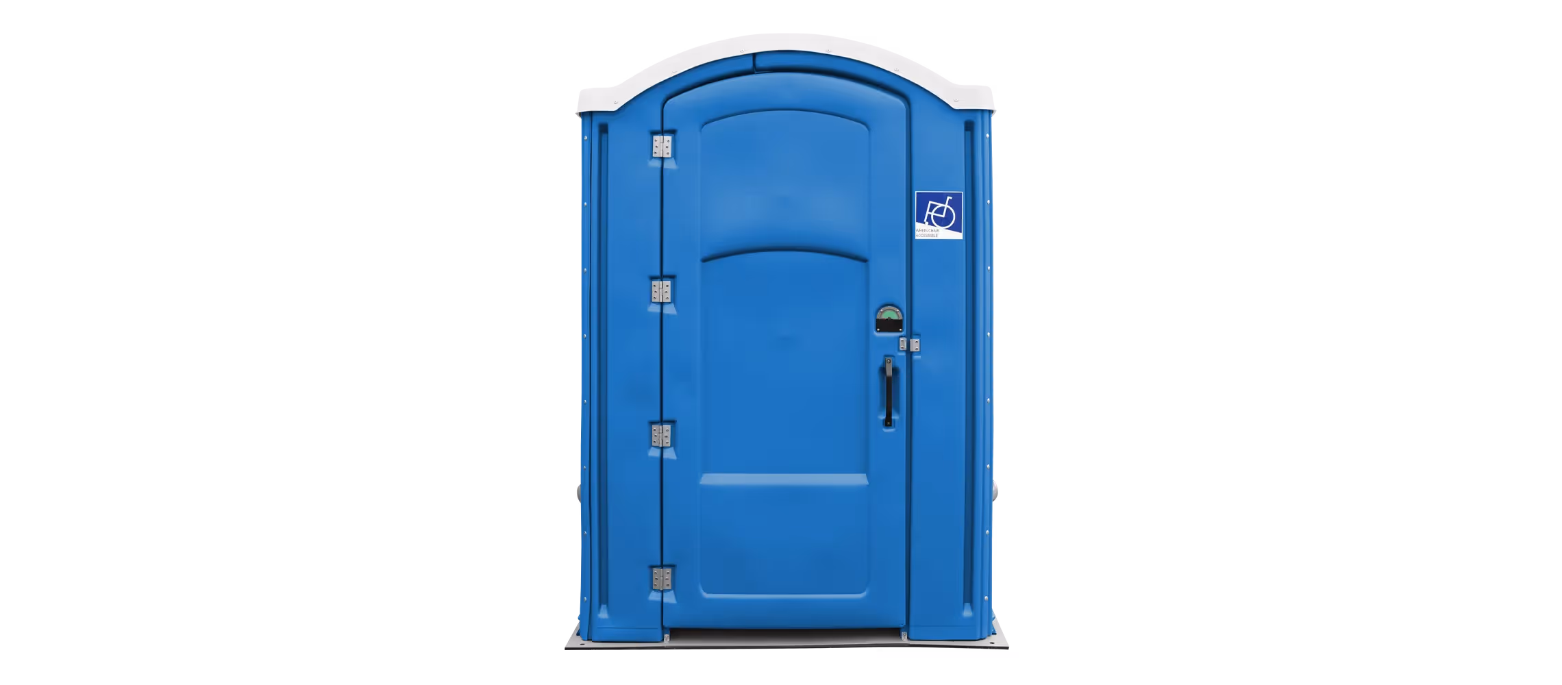 Blue portable restroom with a wheelchair-accessible sign on the front.