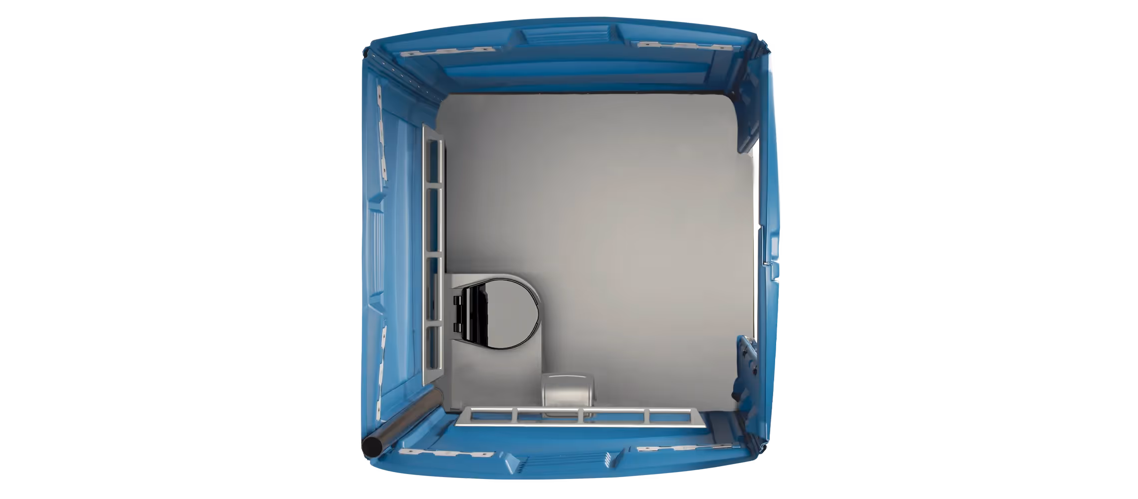 Top-down view of a blue portable toilet with a sink and grab bars inside.