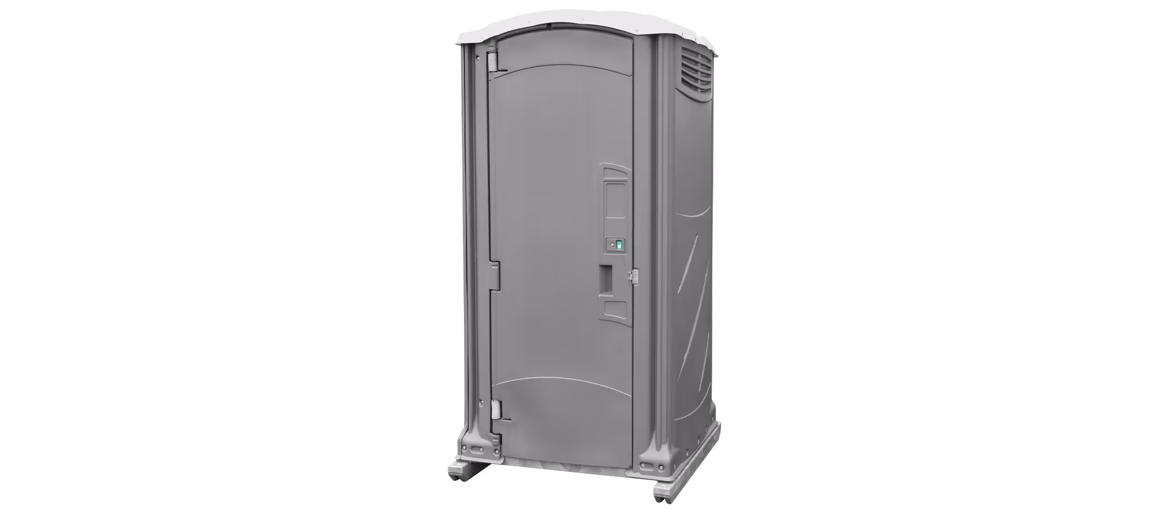 Portable restroom in dark gray with a curved top and ventilation on the side.
