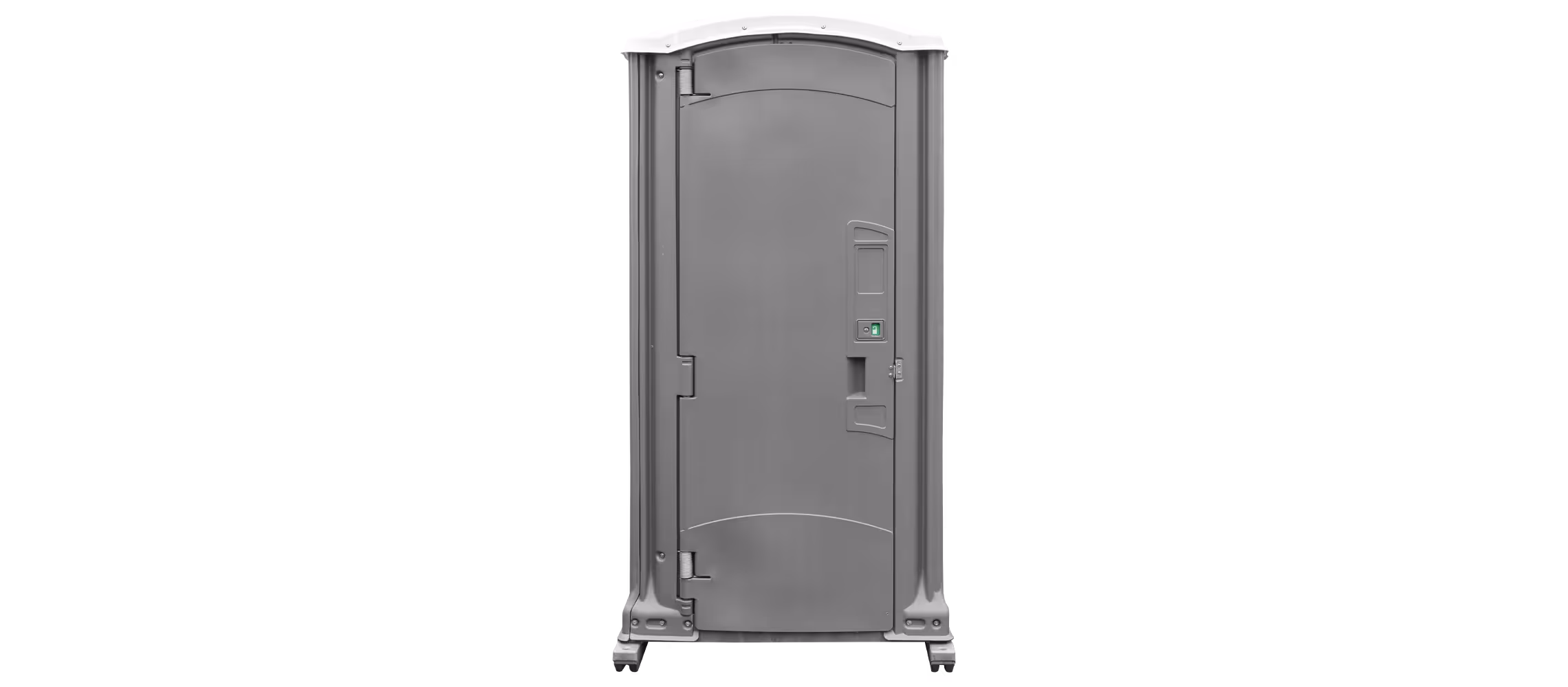 Portable dark gray restroom with a curved top and side door handle.