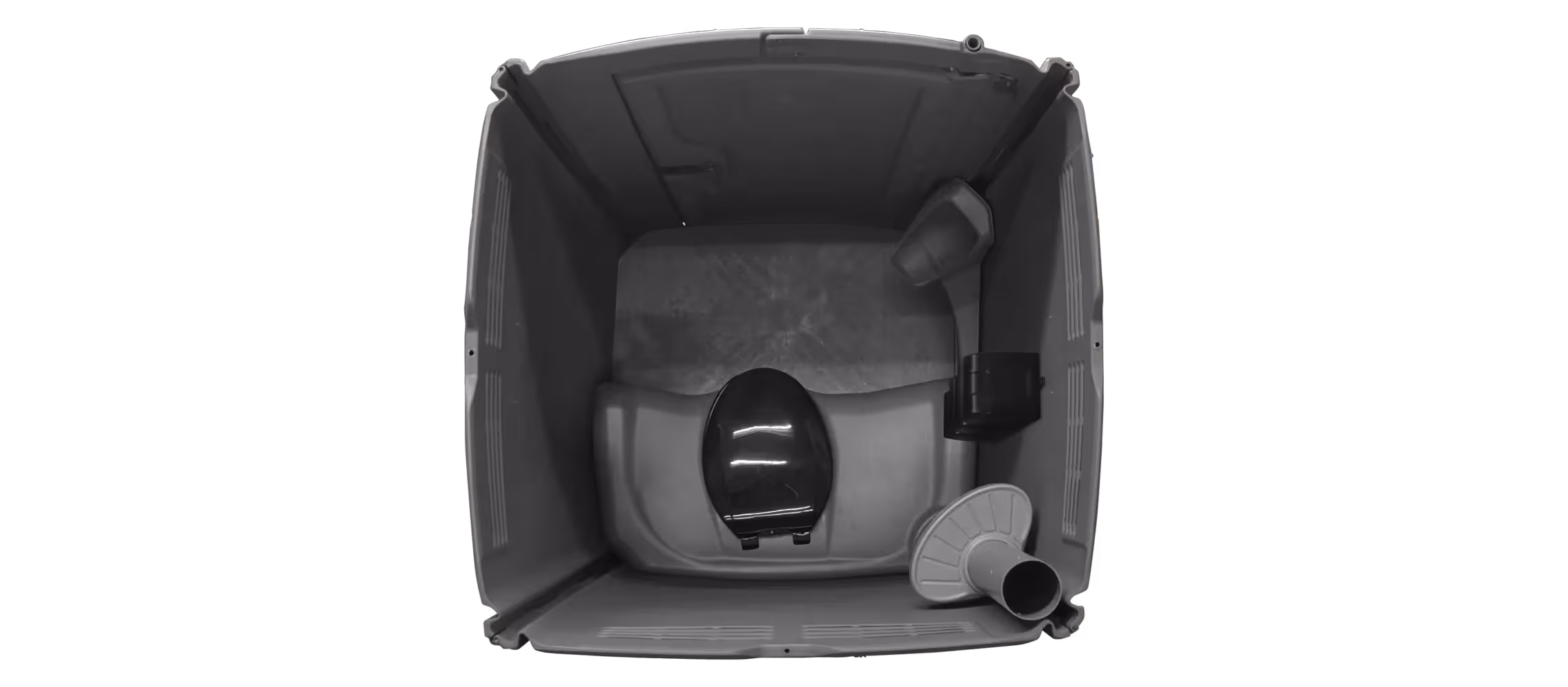A dark gray portable toilet interior with a toilet seat and a waste outlet.