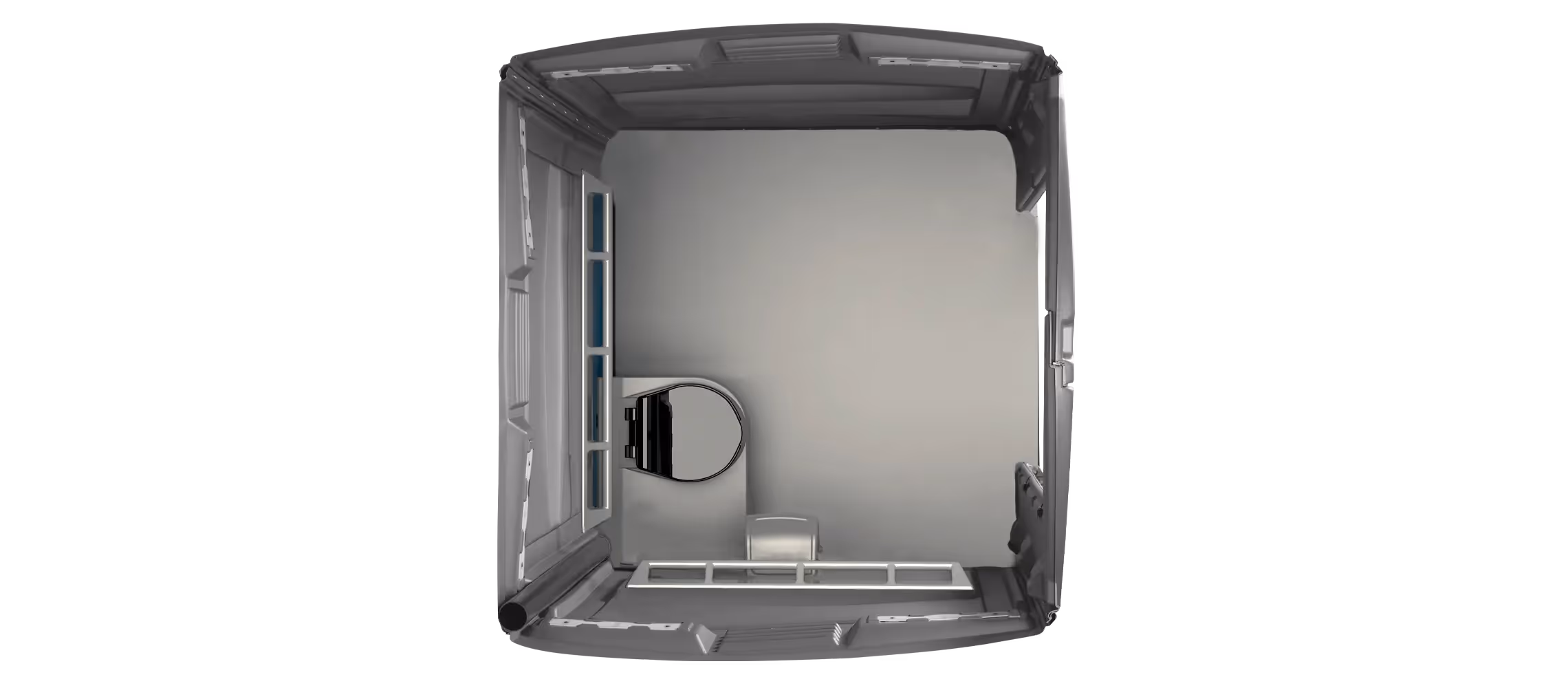 Top view of a small, dark gray room with a toilet, sink, and window.