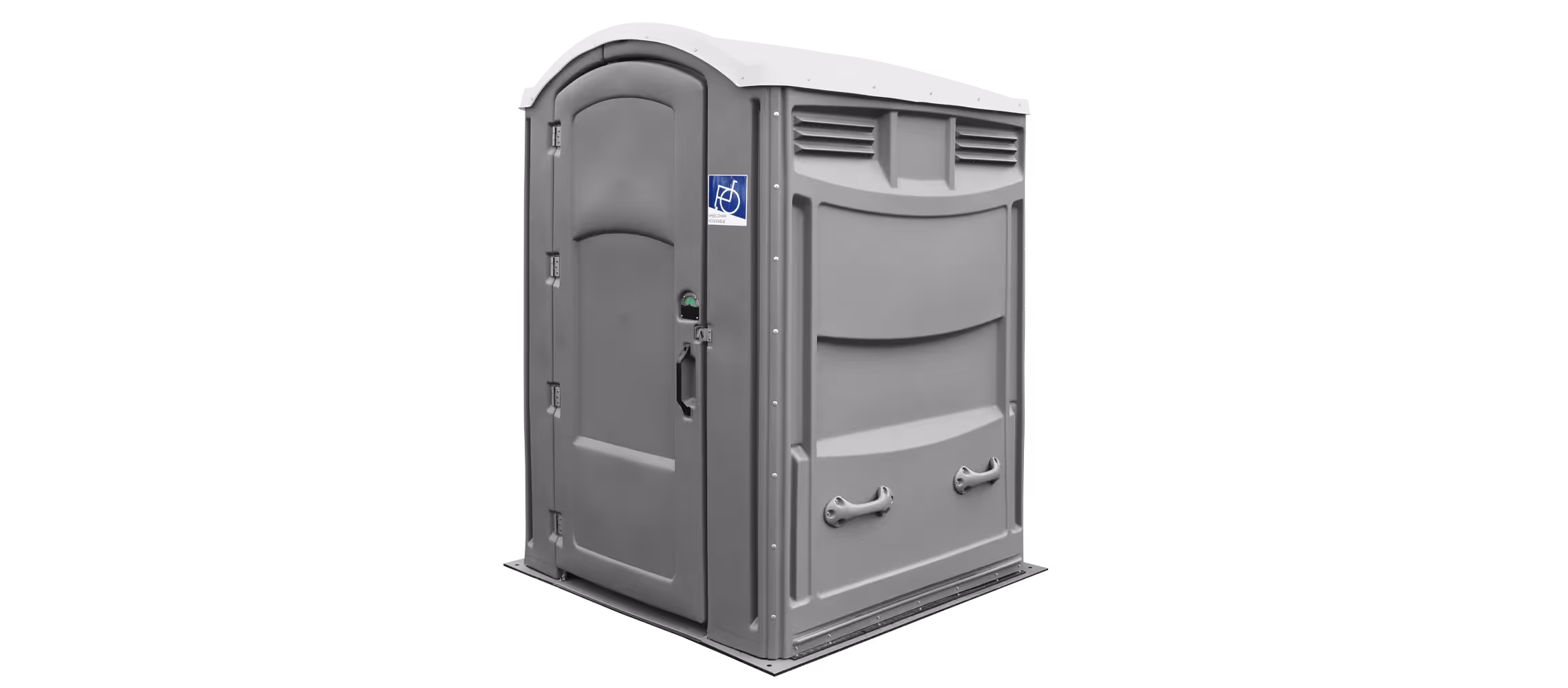 Gray portable restroom with a sloped roof and accessibility features.