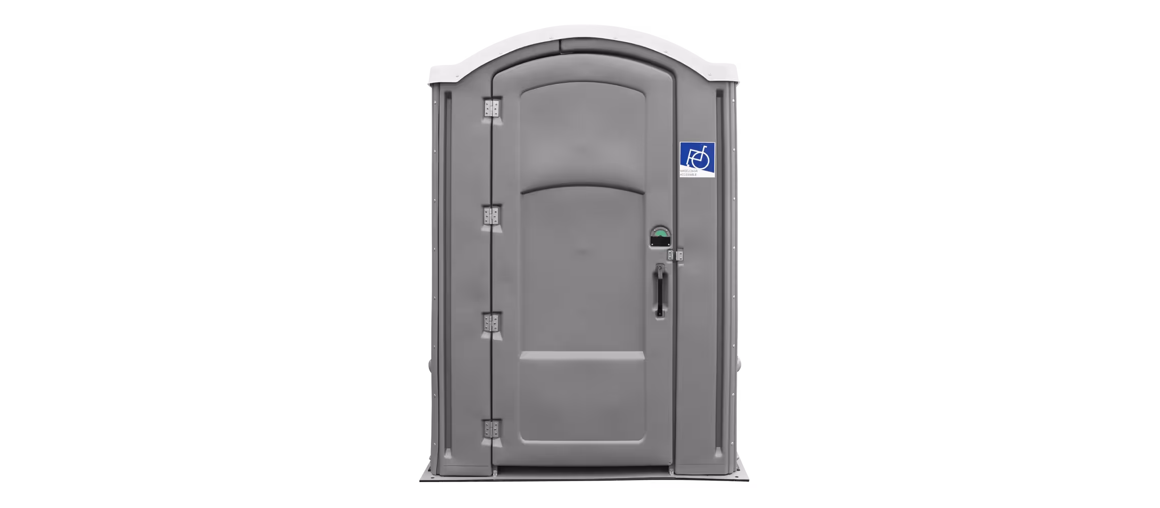Portable restroom with a dark gray exterior and accessibility features, including a handicap symbol.