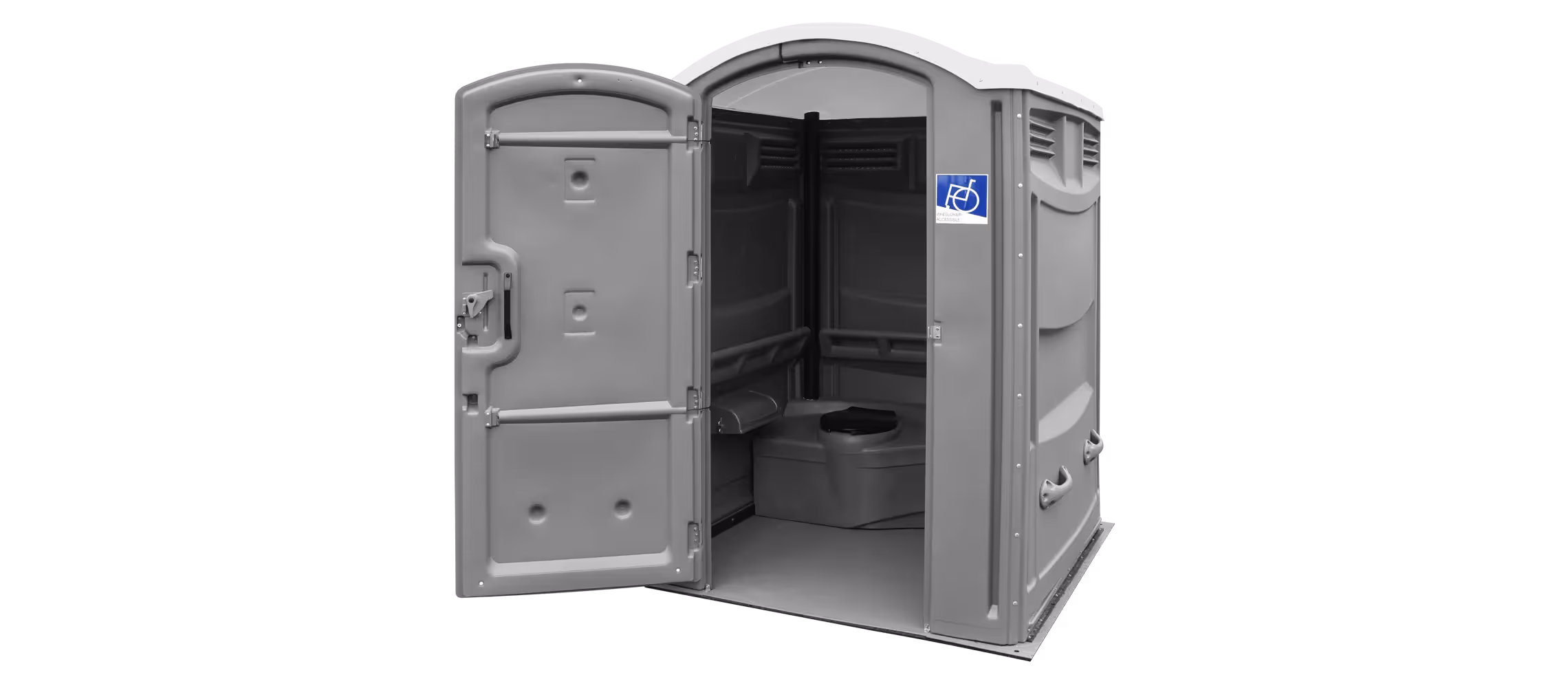 A dark gray portable toilet with an open door, featuring a disability access sign.