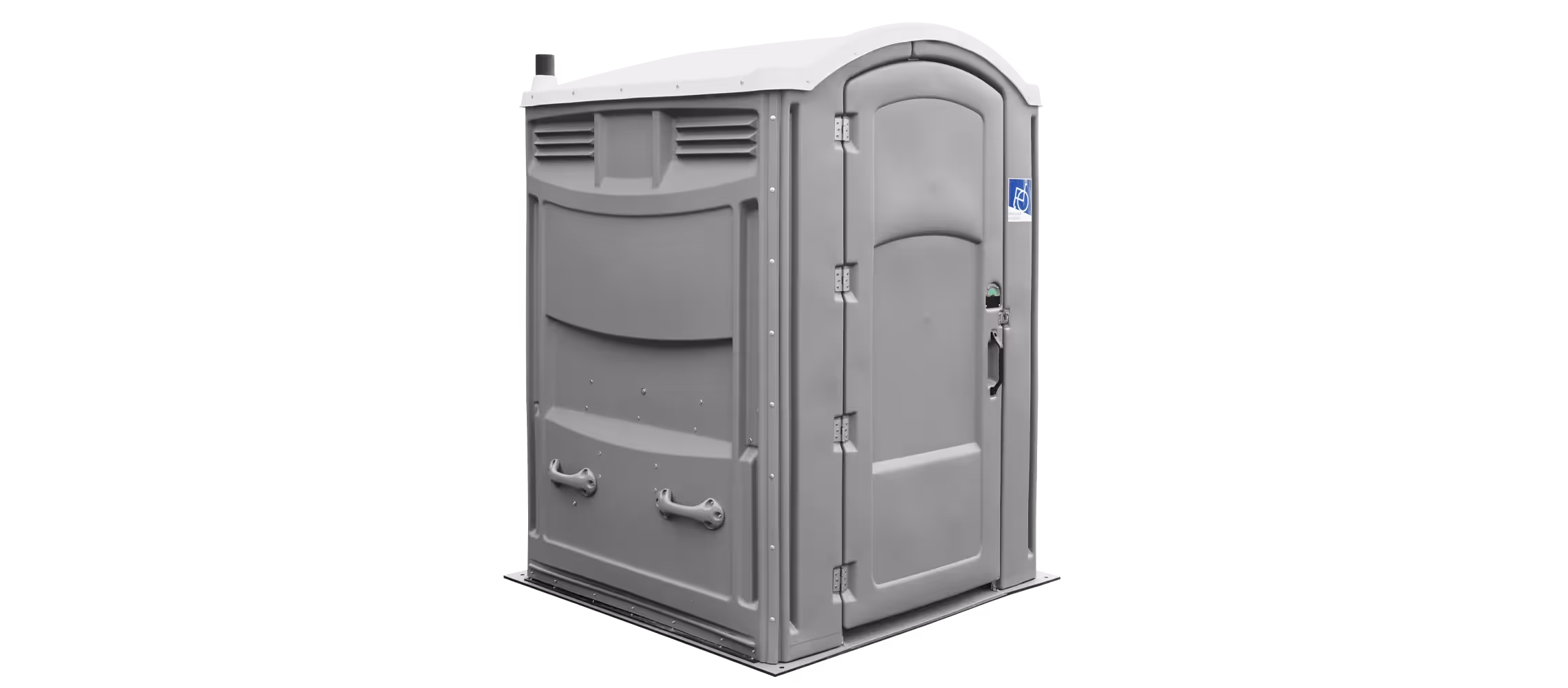 Portable toilet in dark gray with a single door and ventilation grilles.