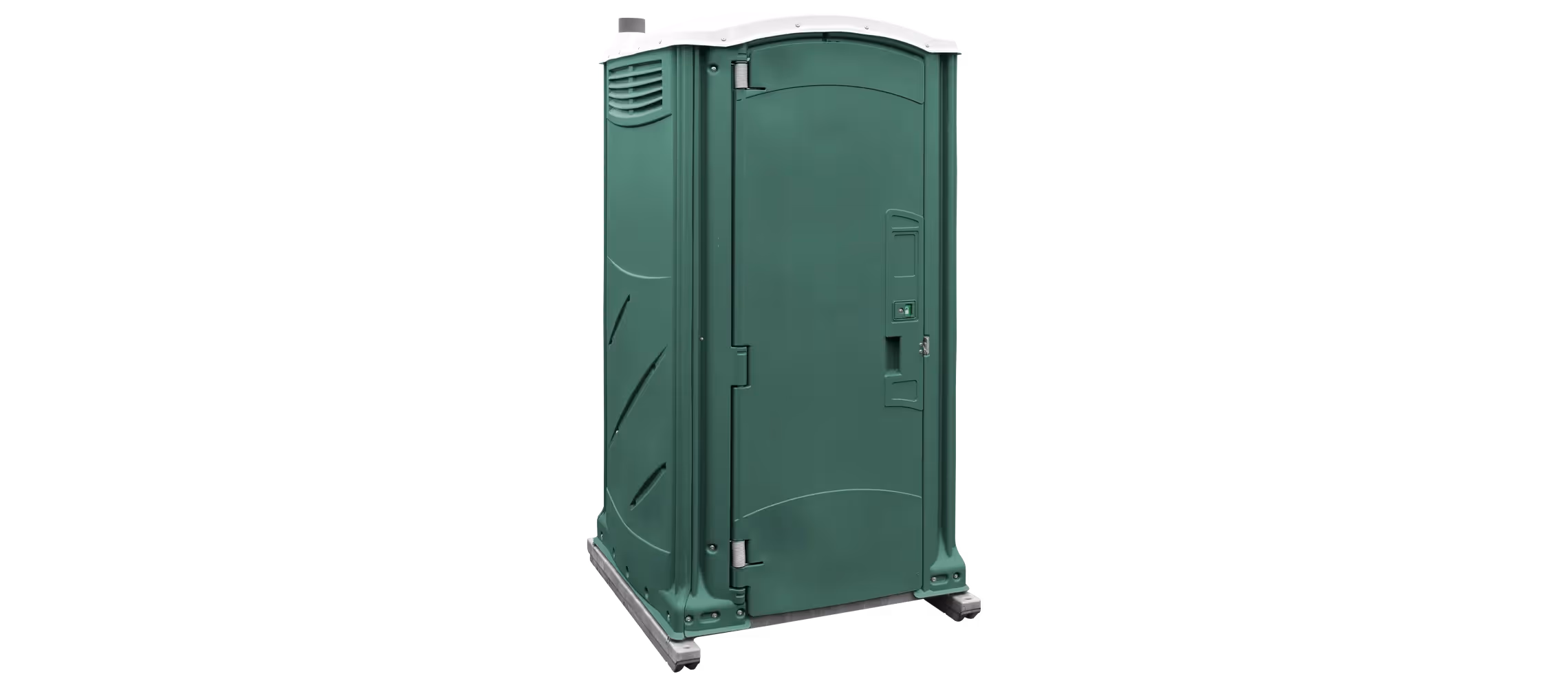 Forest green portable restroom with a white top and a single door, set on wheels.