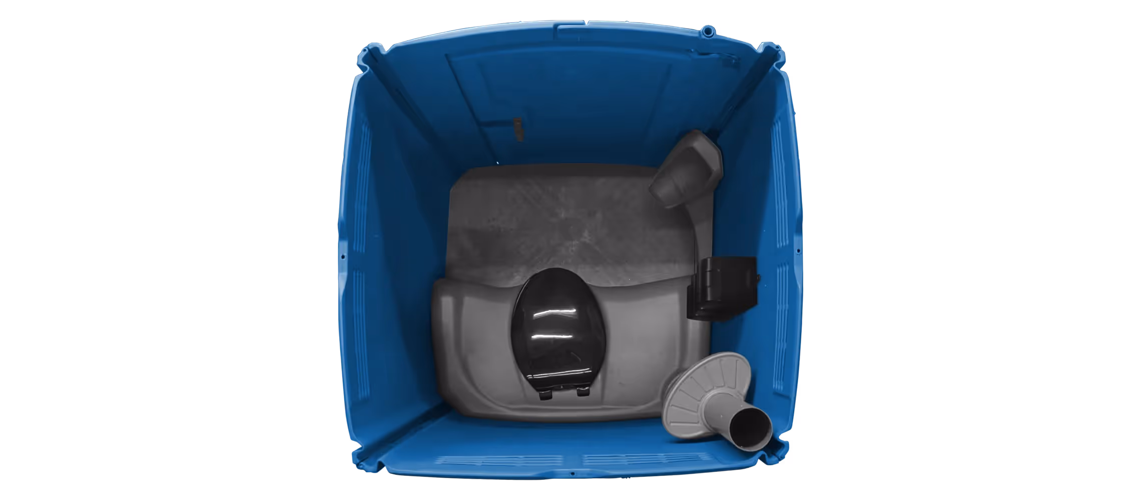 A top-down view of a blue portable toilet with a black seat and gray interior components.