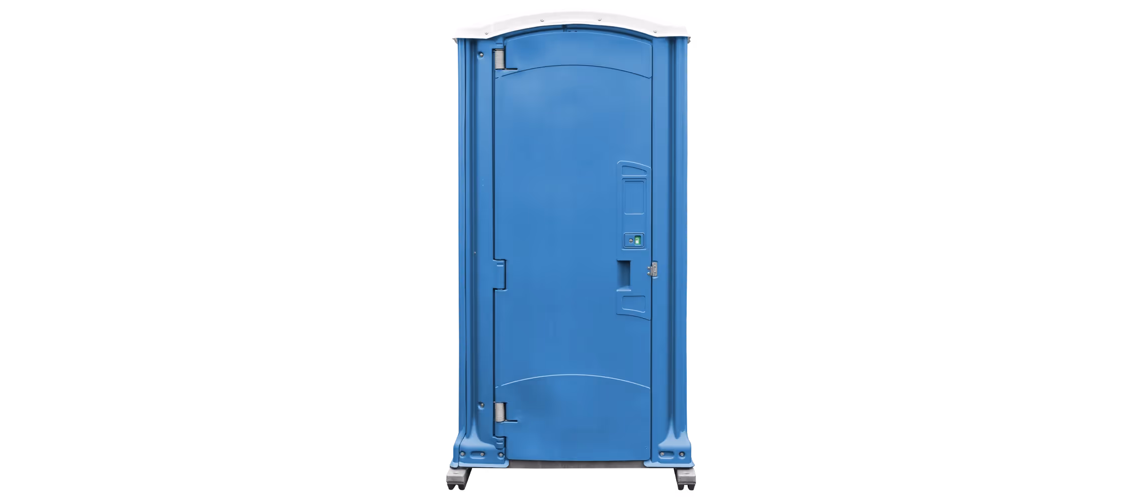 Portable toilet, blue exterior with a white top, closed door, and wheels at the base.