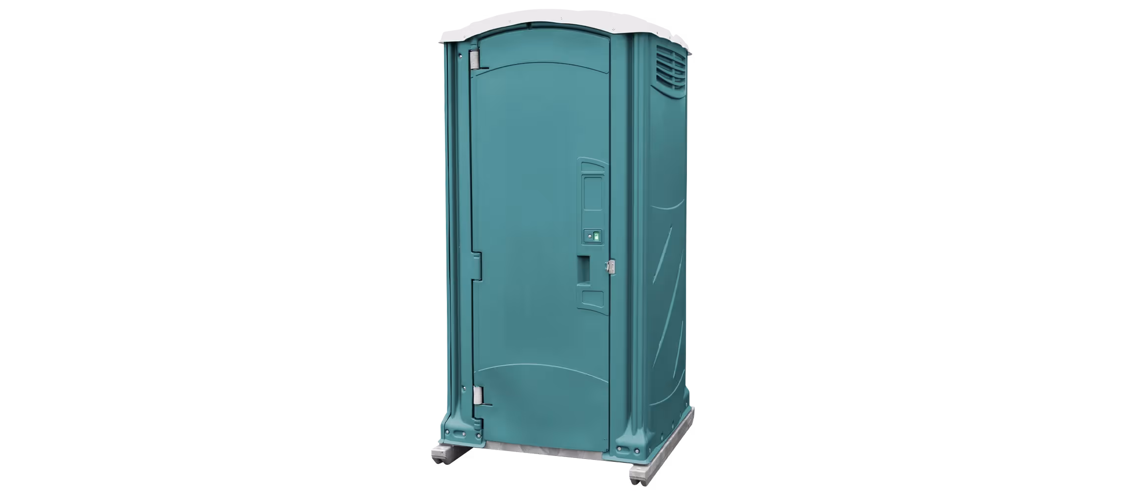 Teal portable toilet with a single door and ventilation on the top.