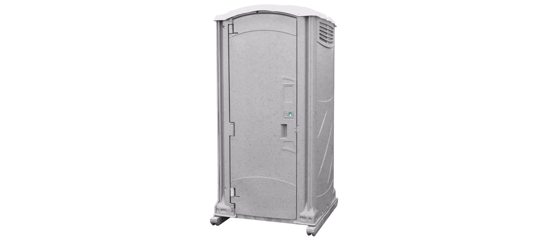 Portable restroom in a granite finish, featuring a single door and ventilation.