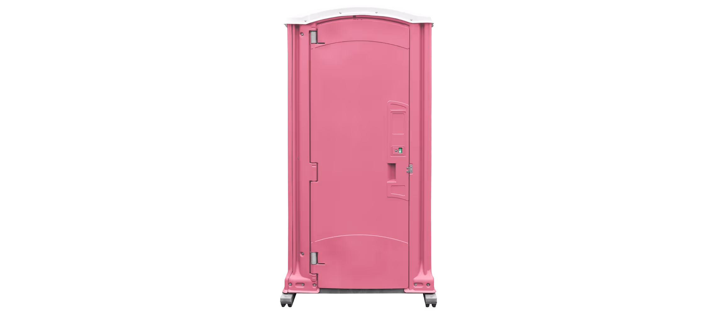 Pink portable restroom with a curved top and a door latch on a black background.