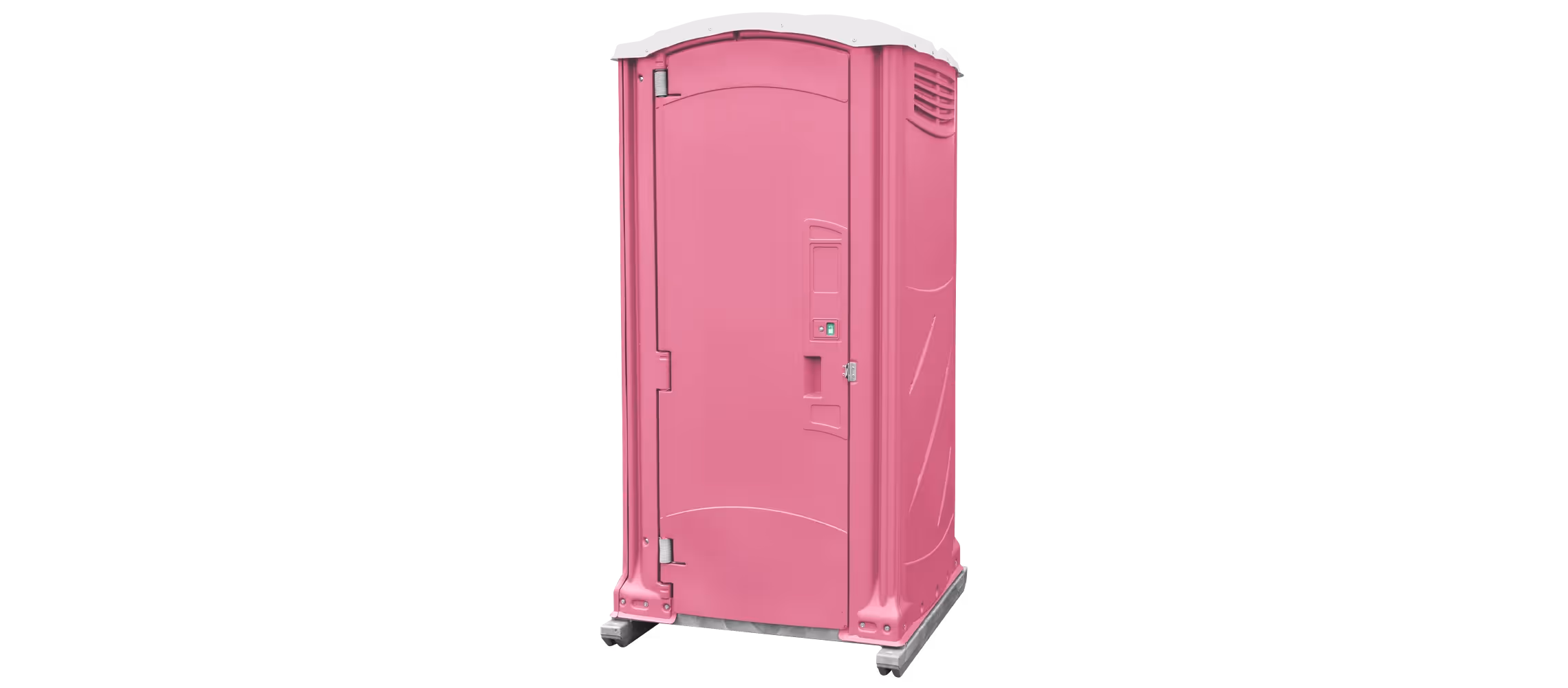 Pink portable toilet with a white top, featuring a single door and a modern design.