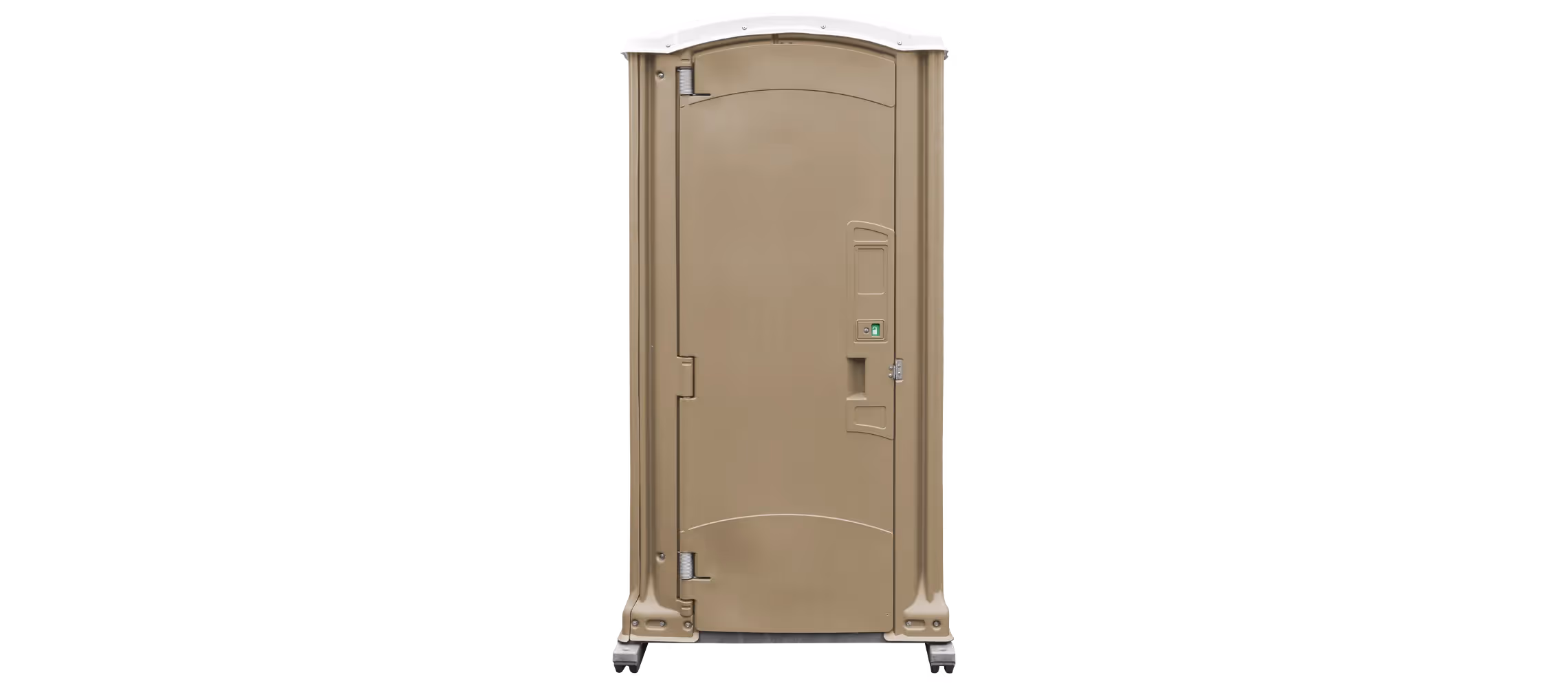 Portable restroom with a sand-colored exterior and an arched top.