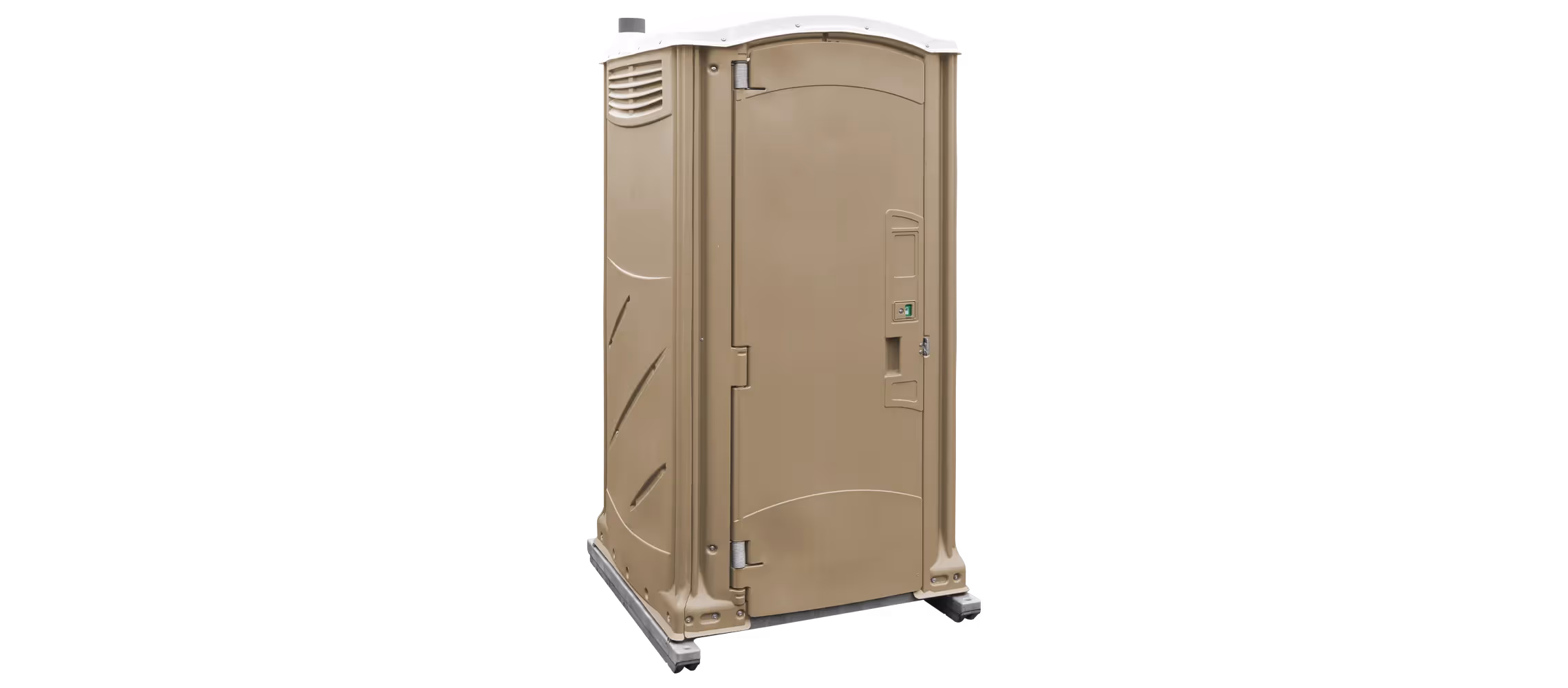 Portable restroom unit in sand color with a flush door and raised base.