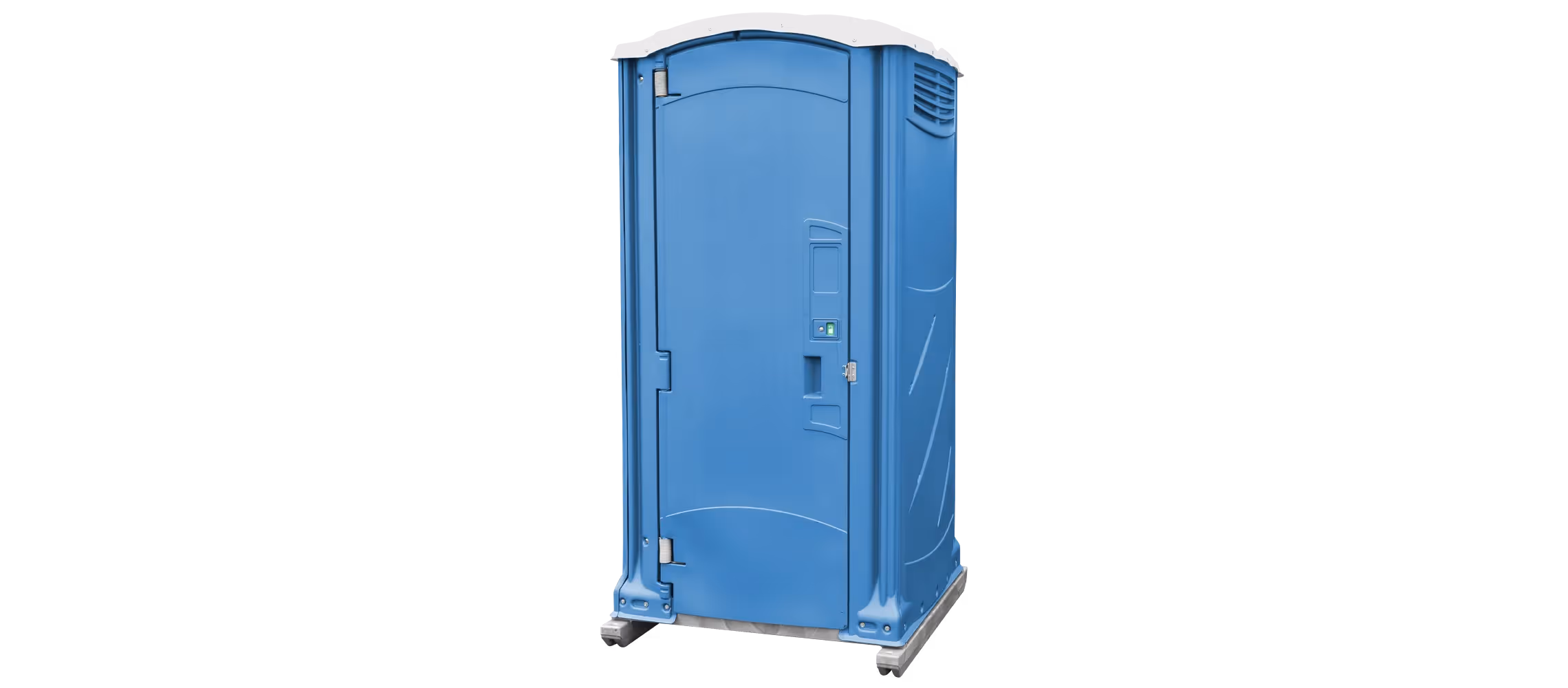 Portable toilet in royal blue color with a solid structure and a white roof.