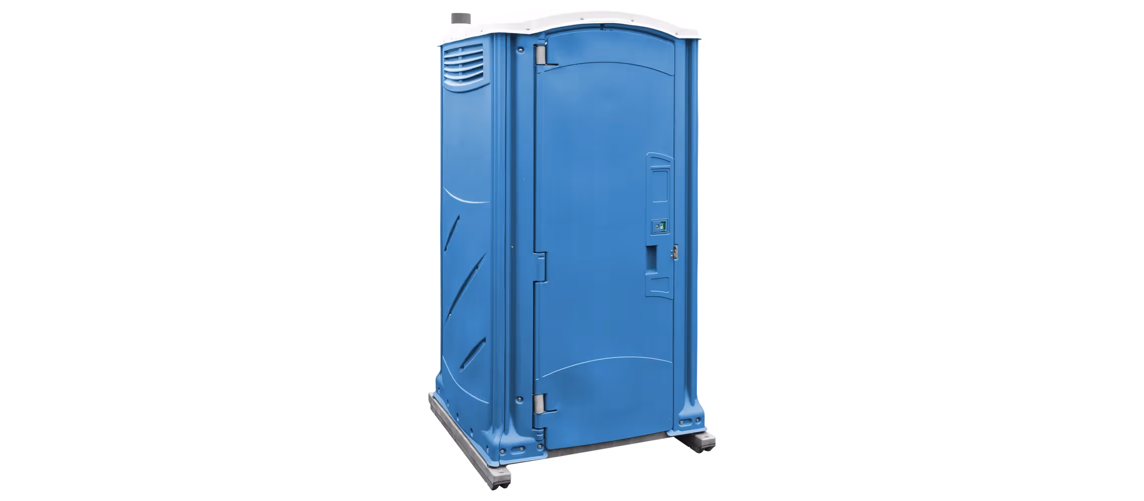 Portable toilet in royal blue, featuring a single door and modern design.