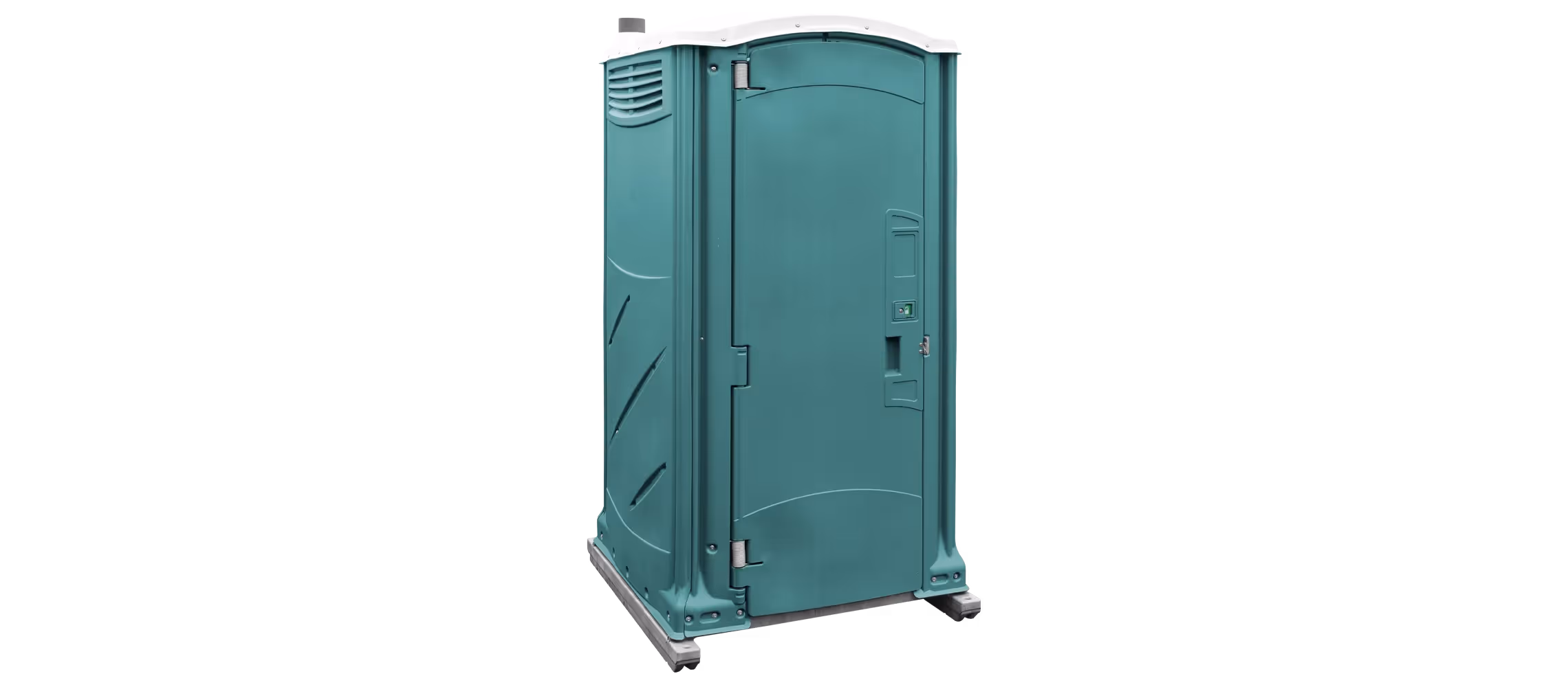 Teal portable toilet with a single door and ventilation features on top.