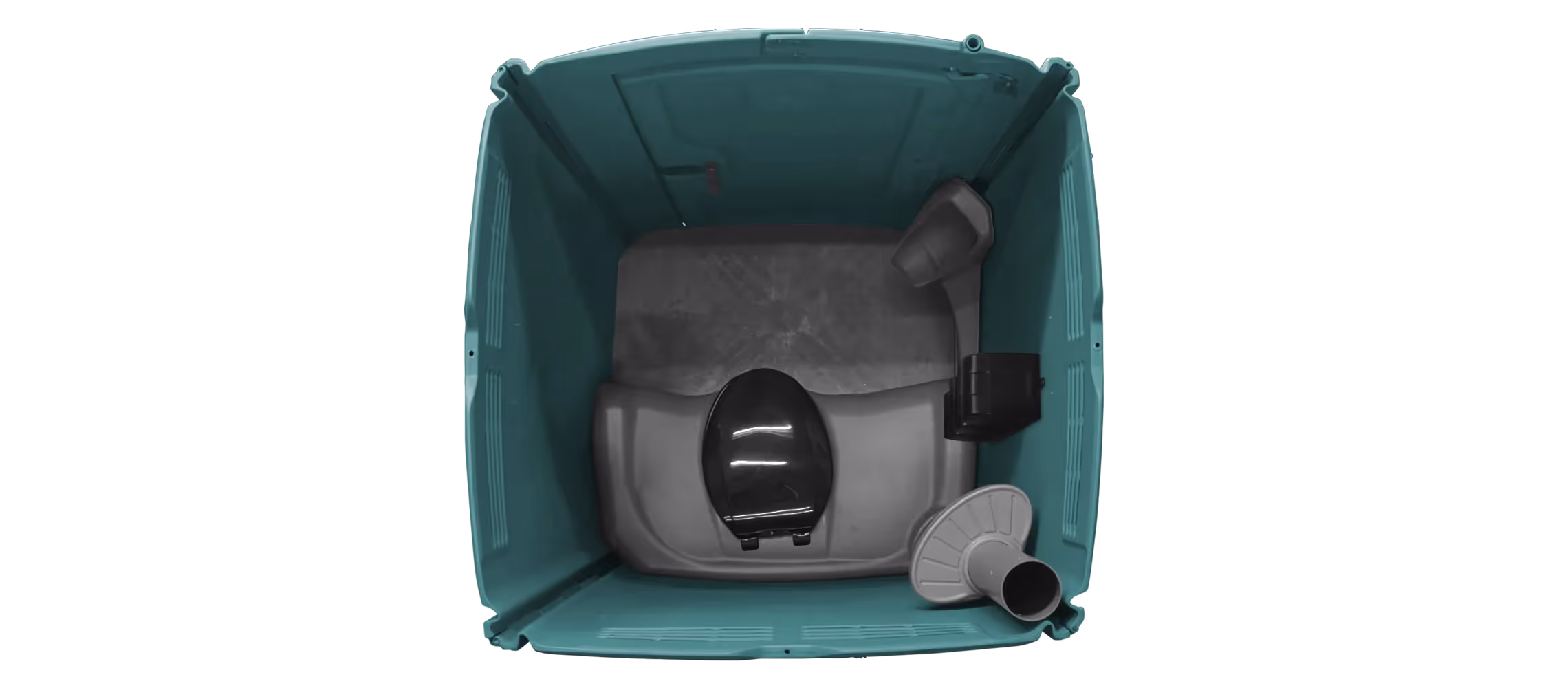 Top view of a teal portable toilet with a black seat, a hand sanitizer dispenser, and ventilation.