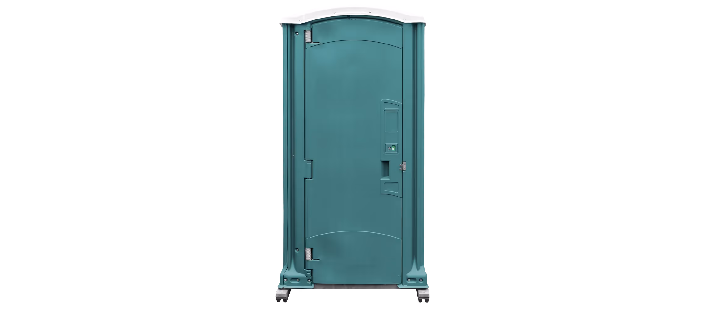 Teal portable restroom with a curved top and a locking door, set against a black background.