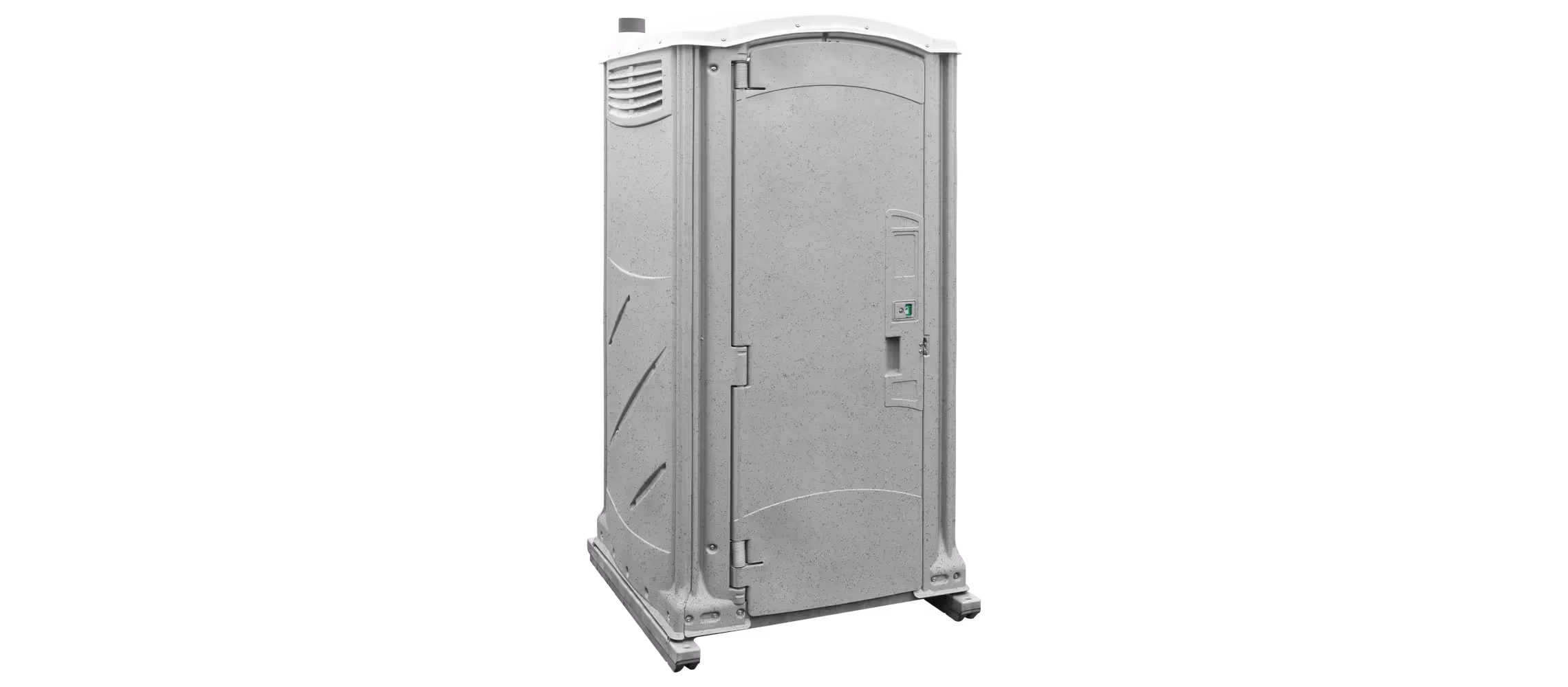 Portable restroom with a granite finish, featuring a door and ventilation slots on top.