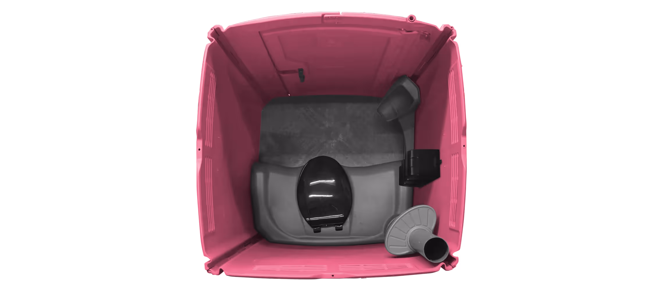 Top-down view of a pink portable toilet with a black seat and gray interior components.