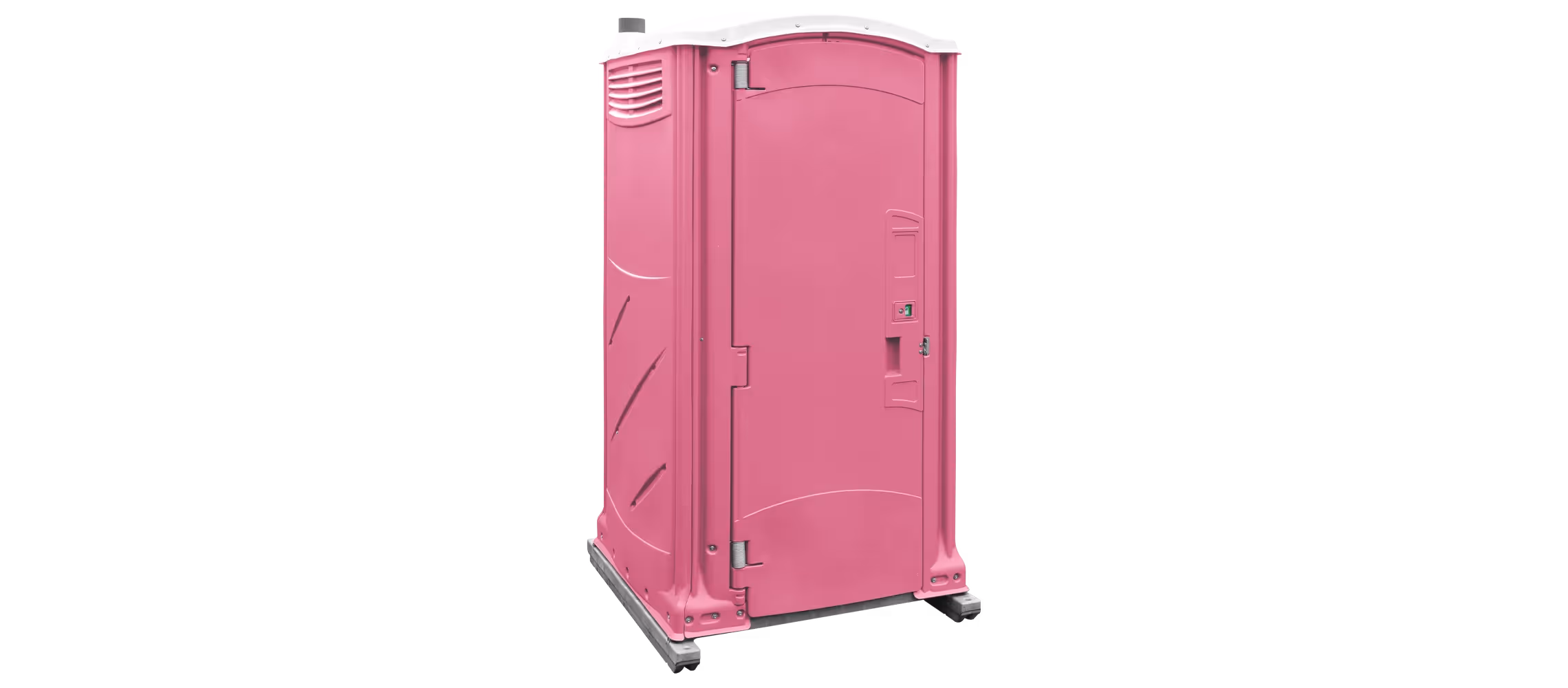 Pink portable toilet with a white roof and side ventilation, designed for outdoor use.