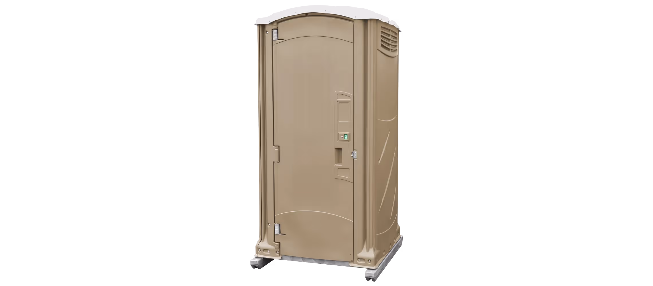 Portable restroom unit in sandy beige color with a secure door and ventilation at the top.